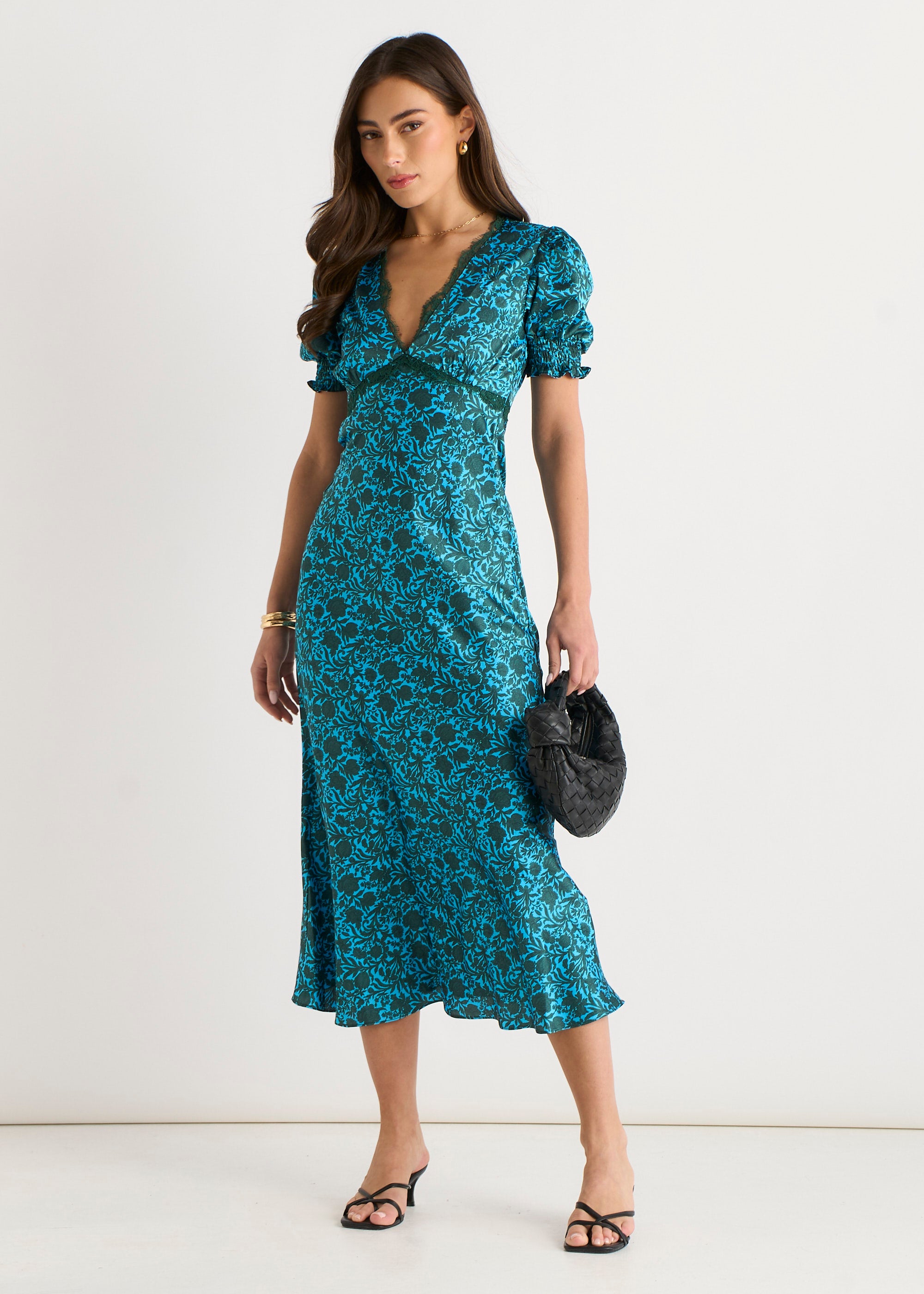 Green Floral Lace Trim V Neck Midi Dress – Gini London