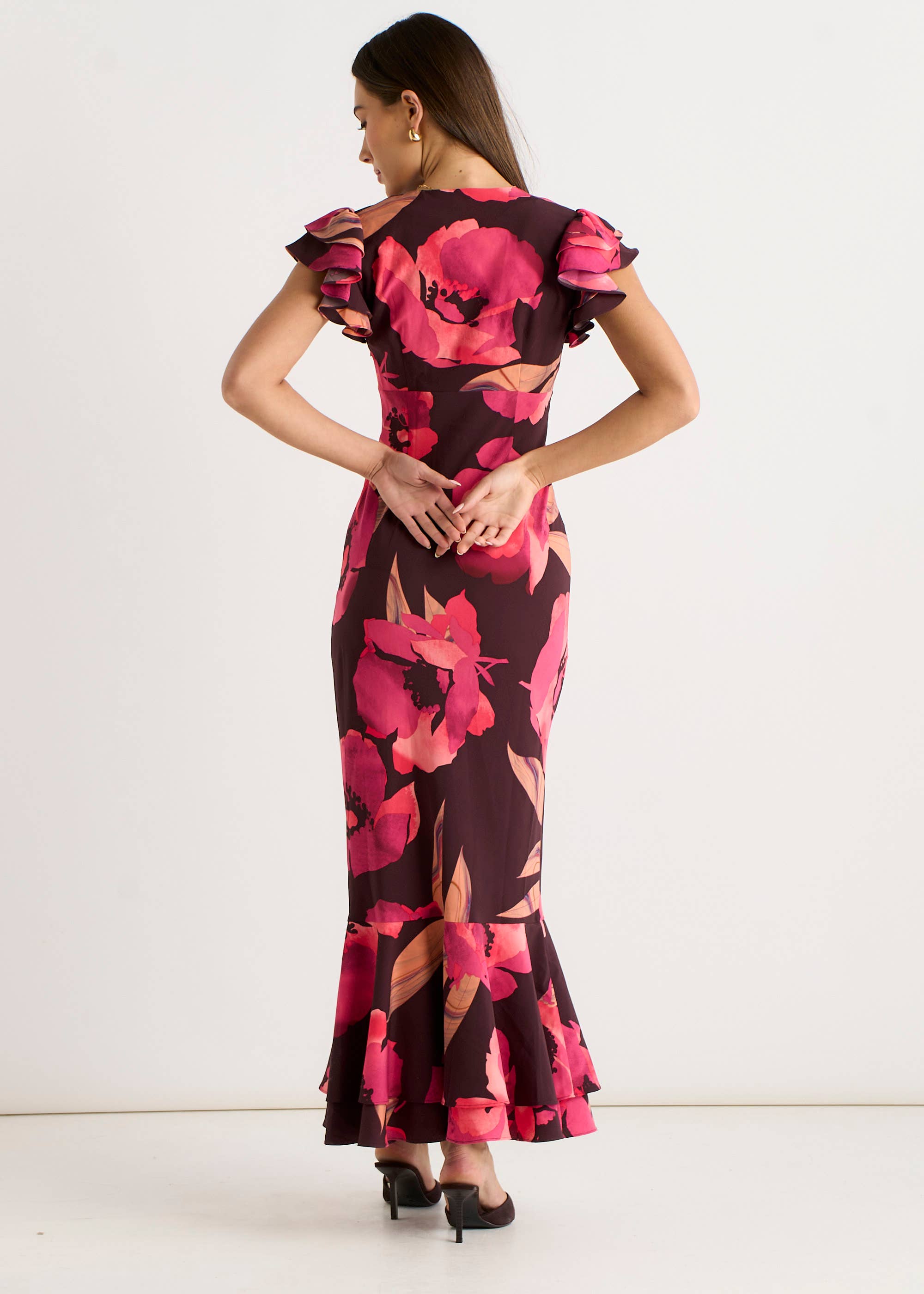 Brown Ruffle Sleeve Floral Maxi Dress