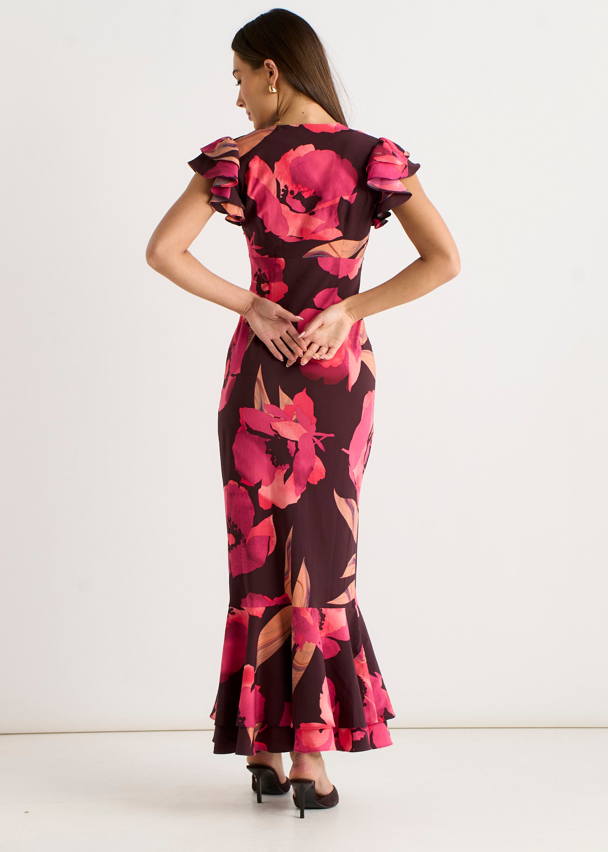 Brown Ruffle Sleeve Floral Maxi Dress