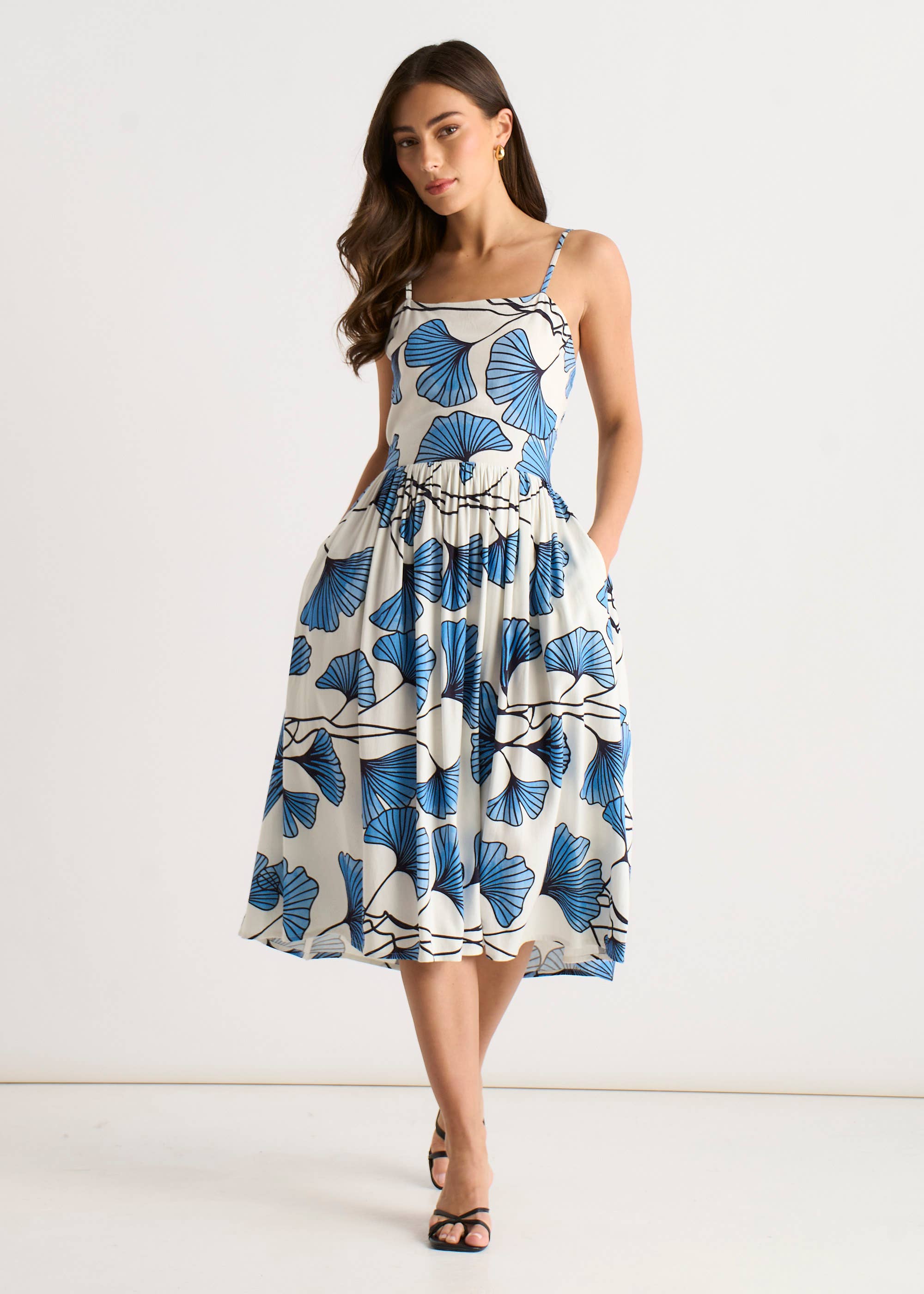 Blue Floral Viscose Linen Blend Cami Dress