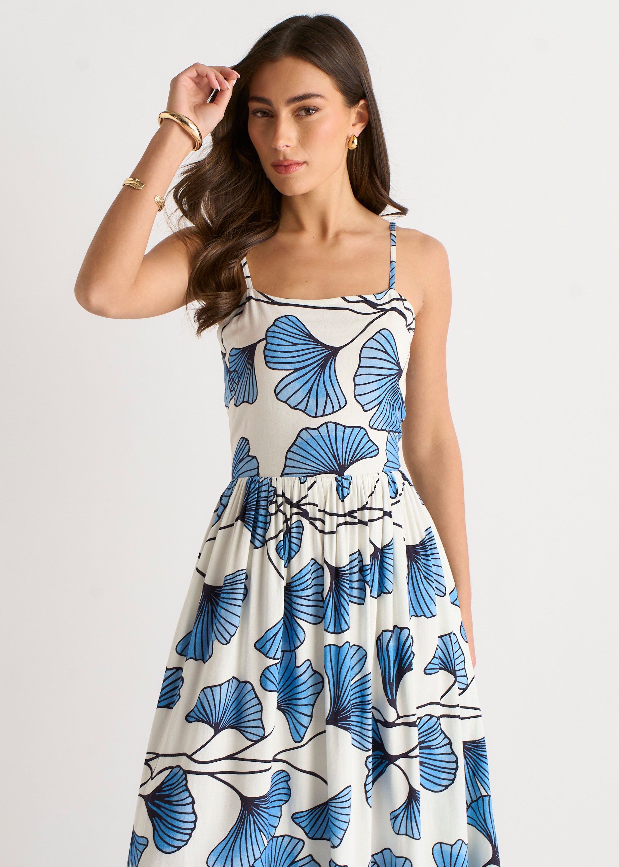 Blue Floral Linen Mix Cami Dress