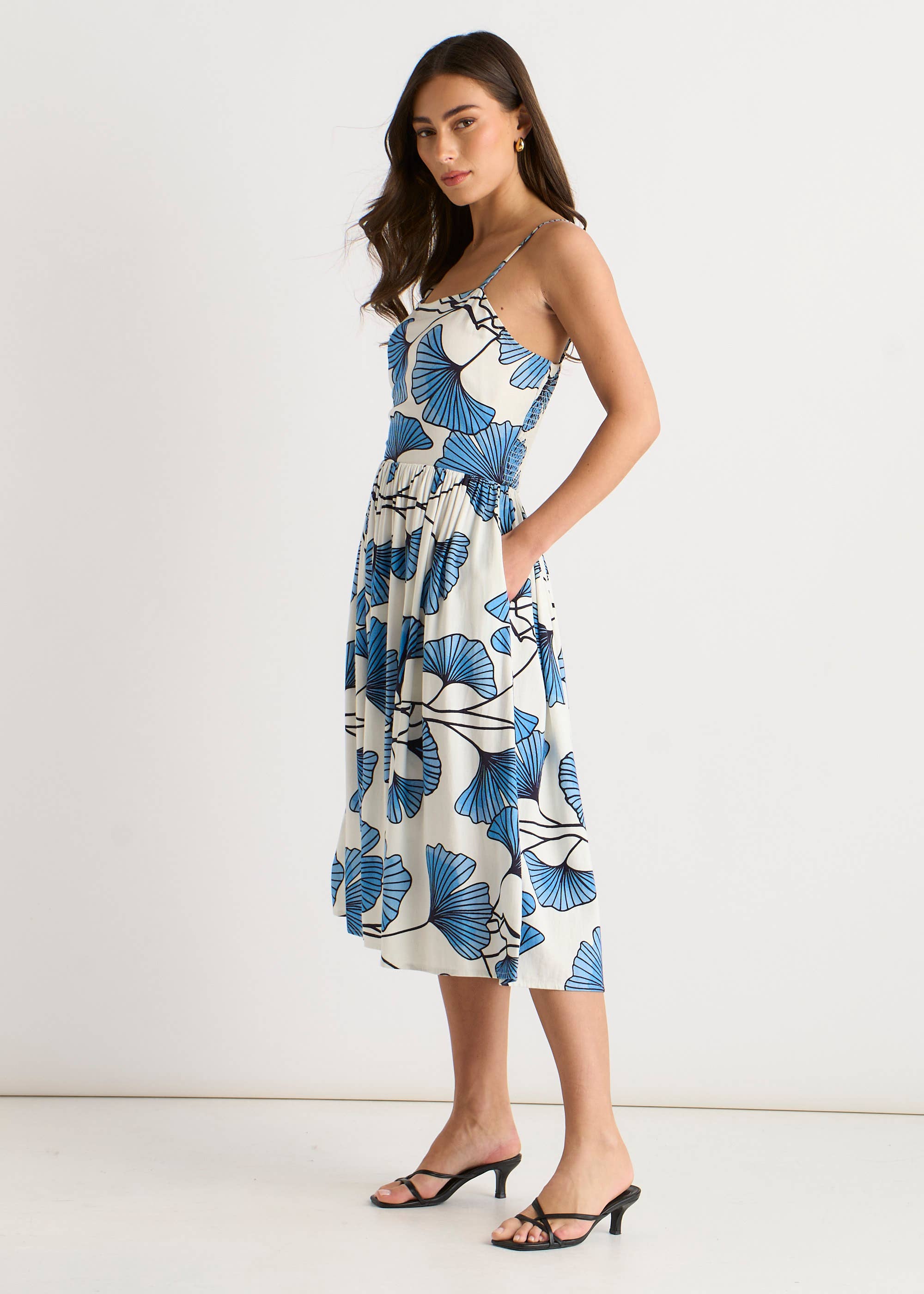 Blue Floral Viscose Linen Blend Cami Dress