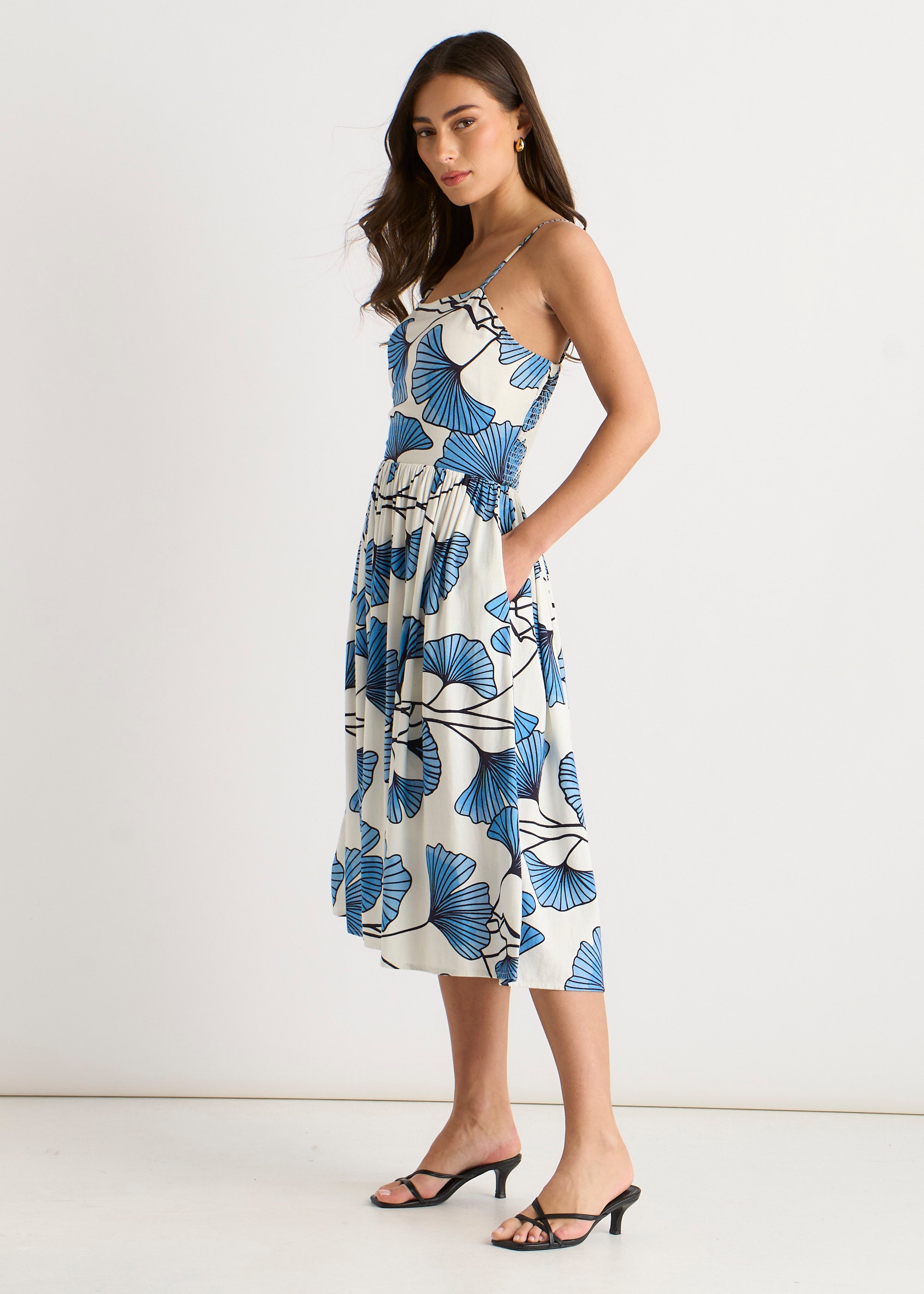 Blue Floral Linen Mix Cami Dress