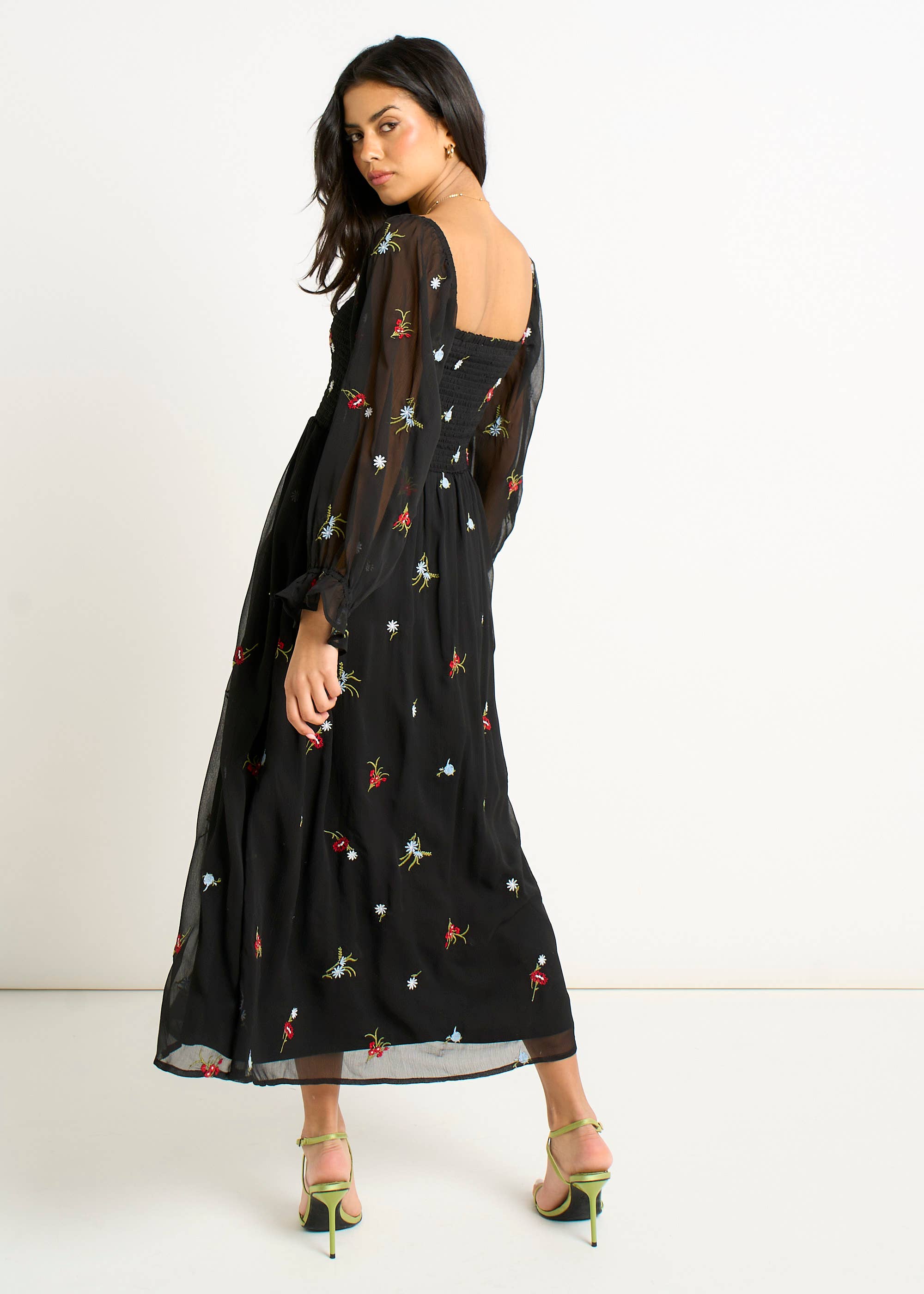 Black Chiffon Floral Embroidered Dress