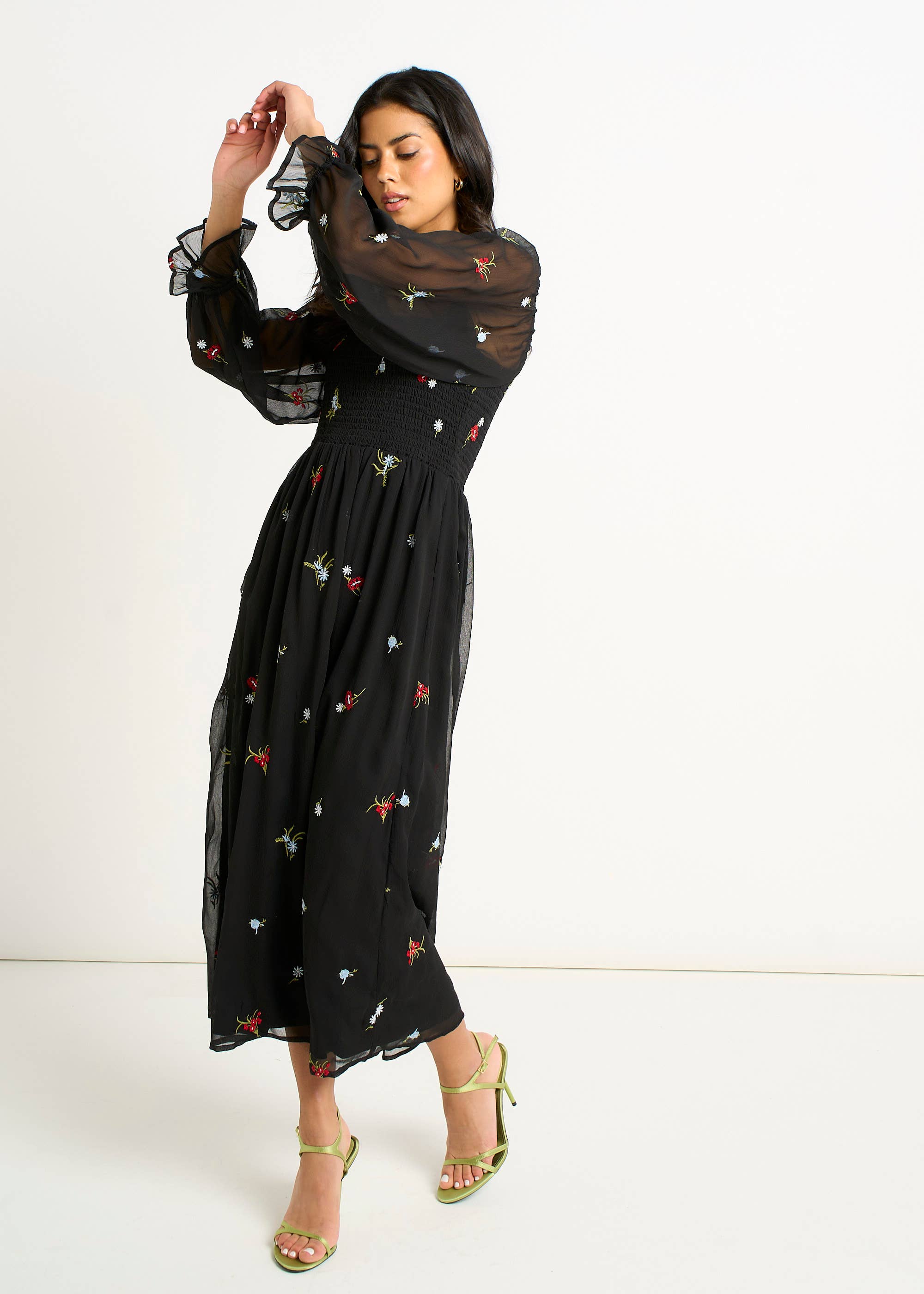 Black Chiffon Floral Embroidered Dress