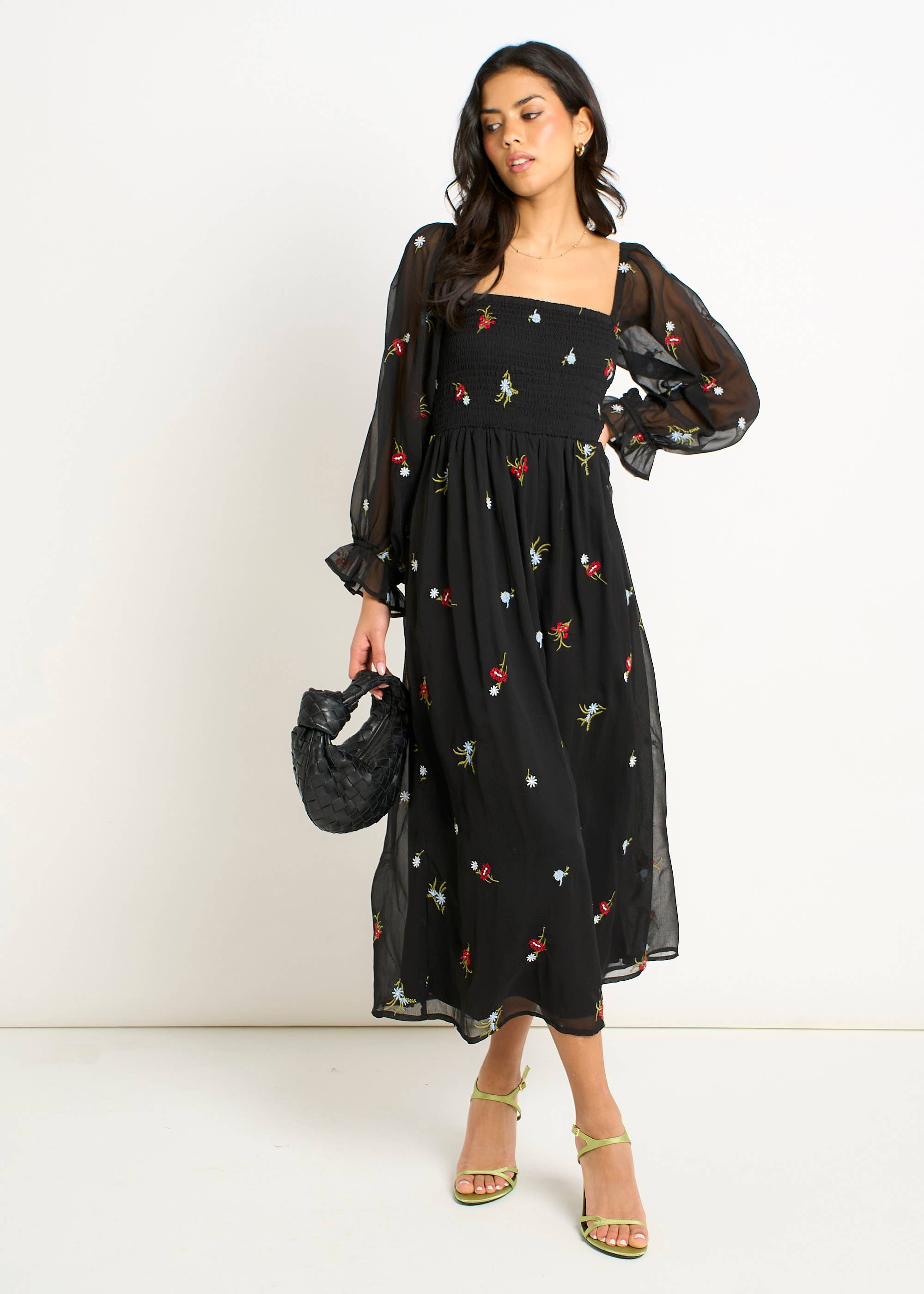 Black Chiffon Floral Embroidered Dress