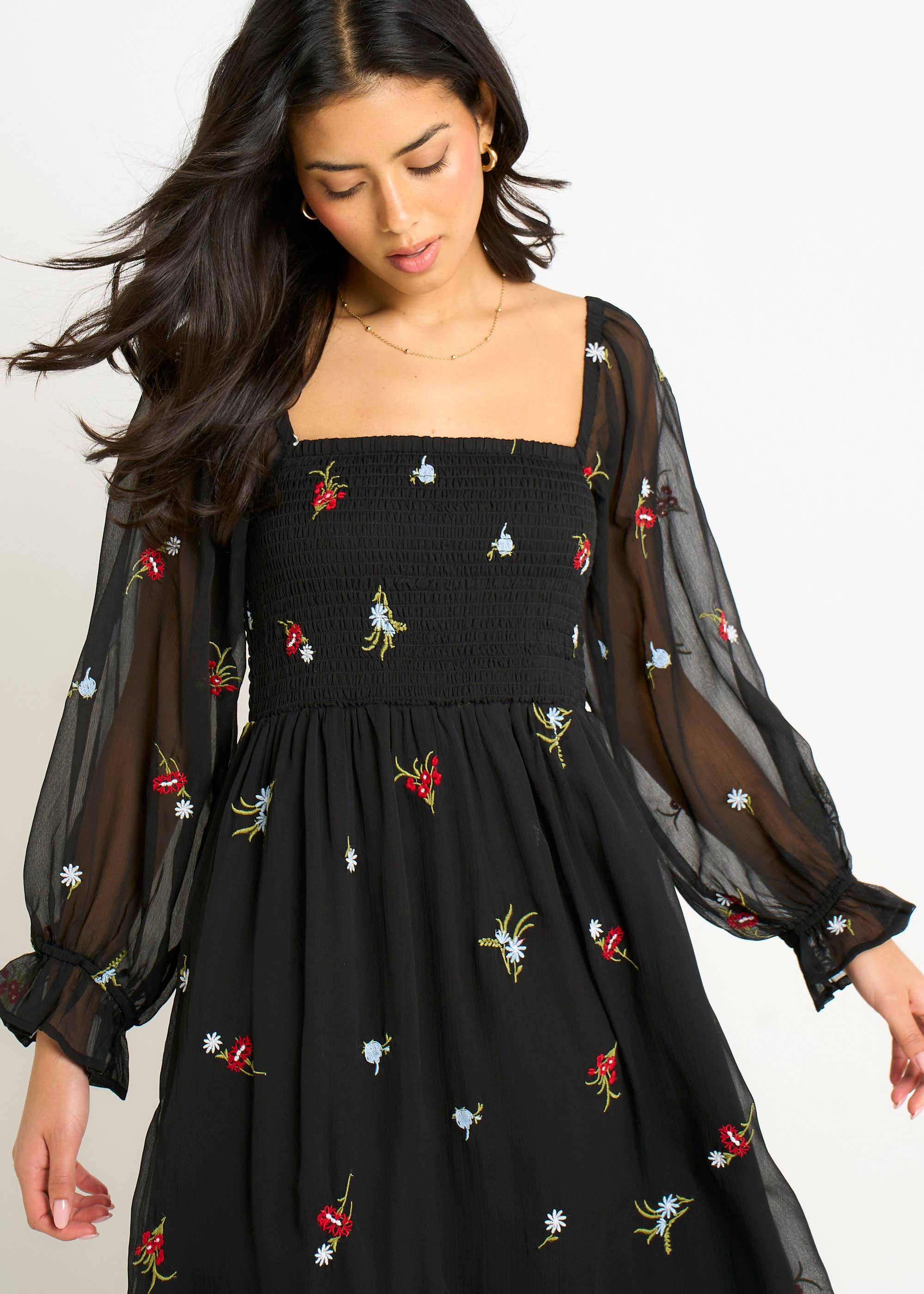 Black Chiffon Floral Embroidered Dress