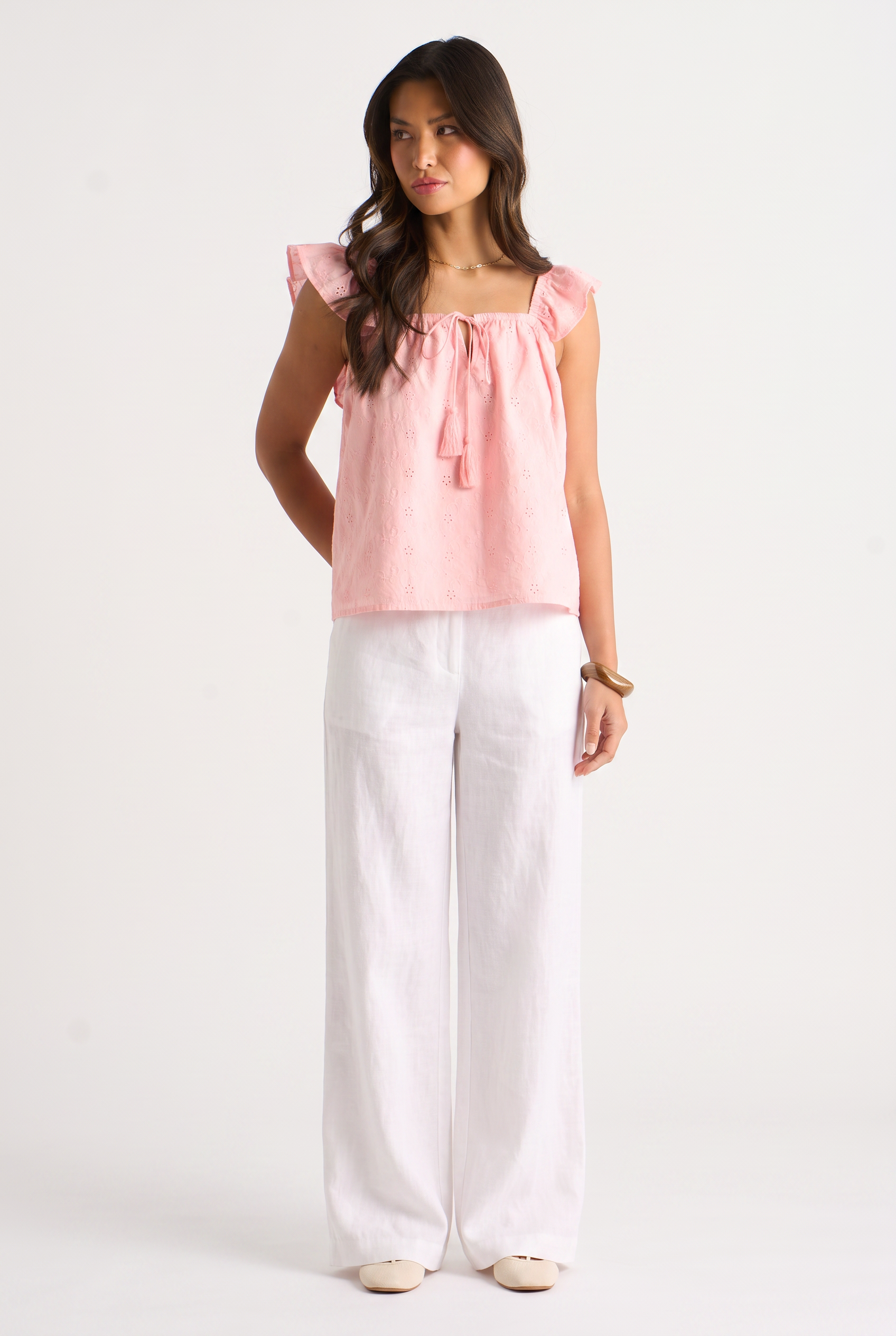 Pink Broderie Anglaise Frill Sleeve Top
