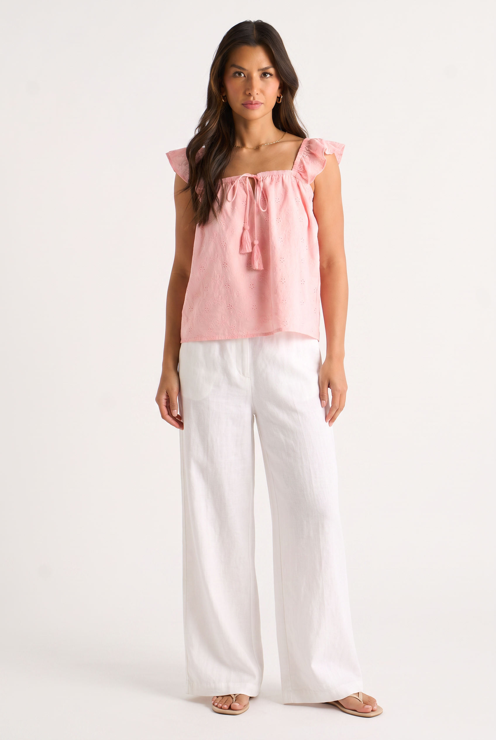 Pink Broderie Anglaise Frill Sleeve Top
