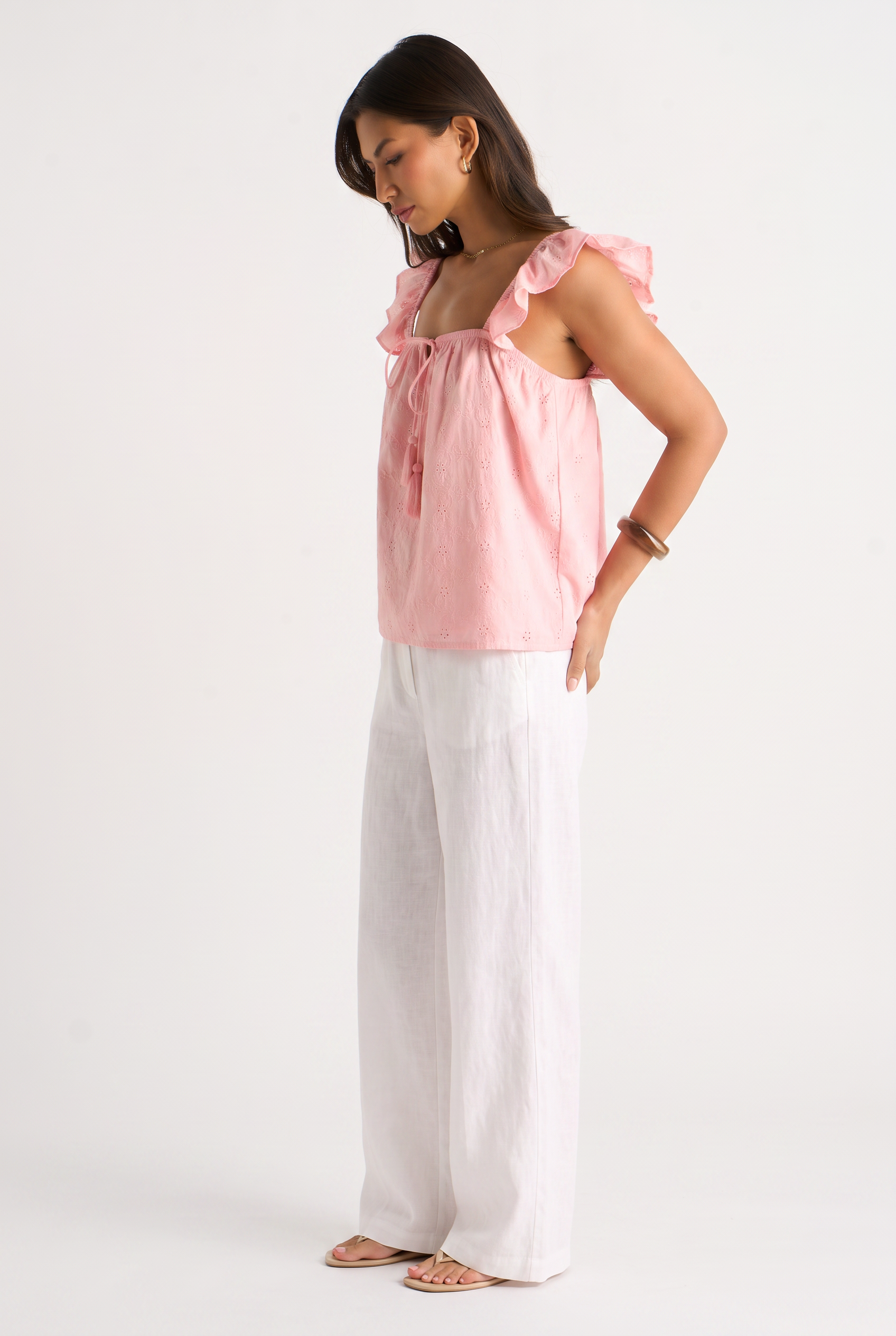 Pink Broderie Anglaise Frill Sleeve Top