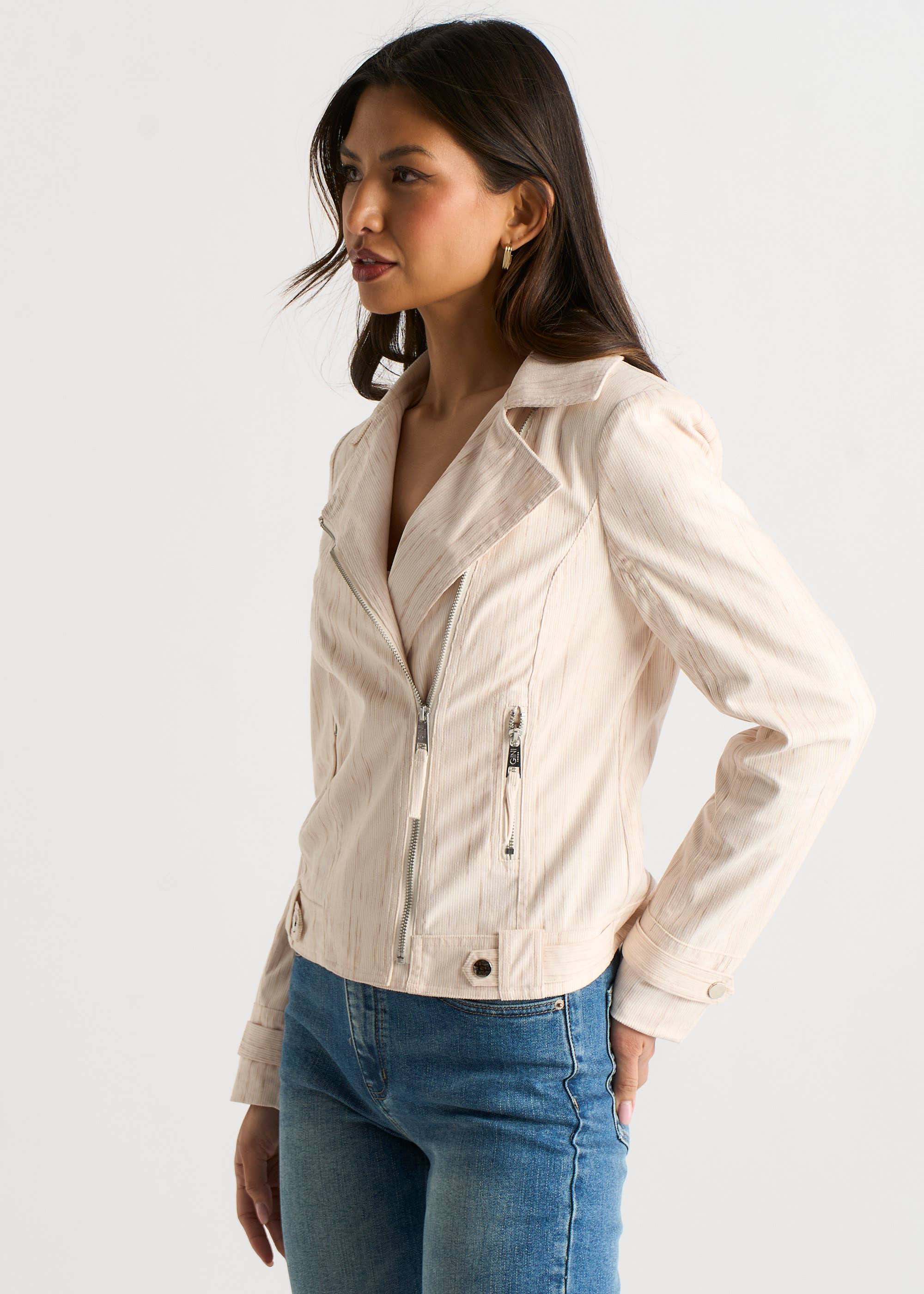 Beige Corduroy Asymmetrical Zip Moto Jacket