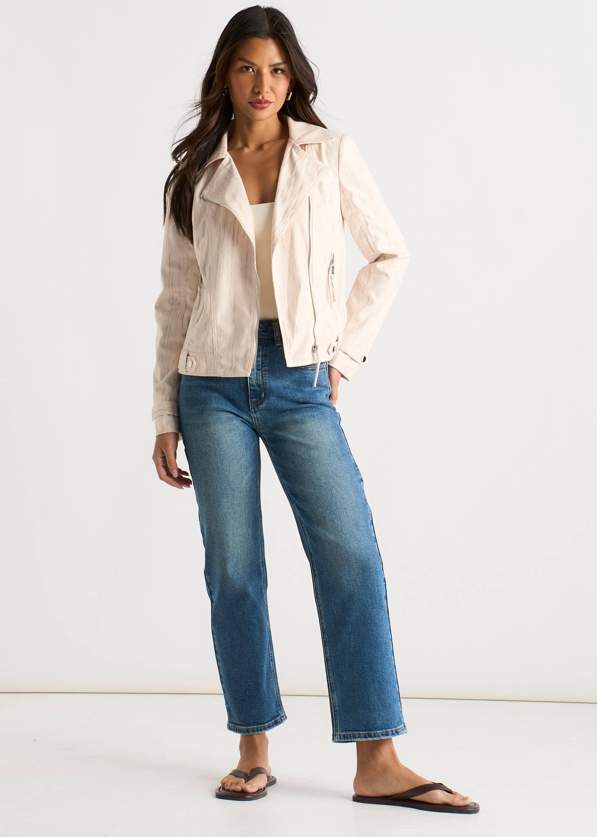 Beige Corduroy Asymmetrical Zip Moto Jacket
