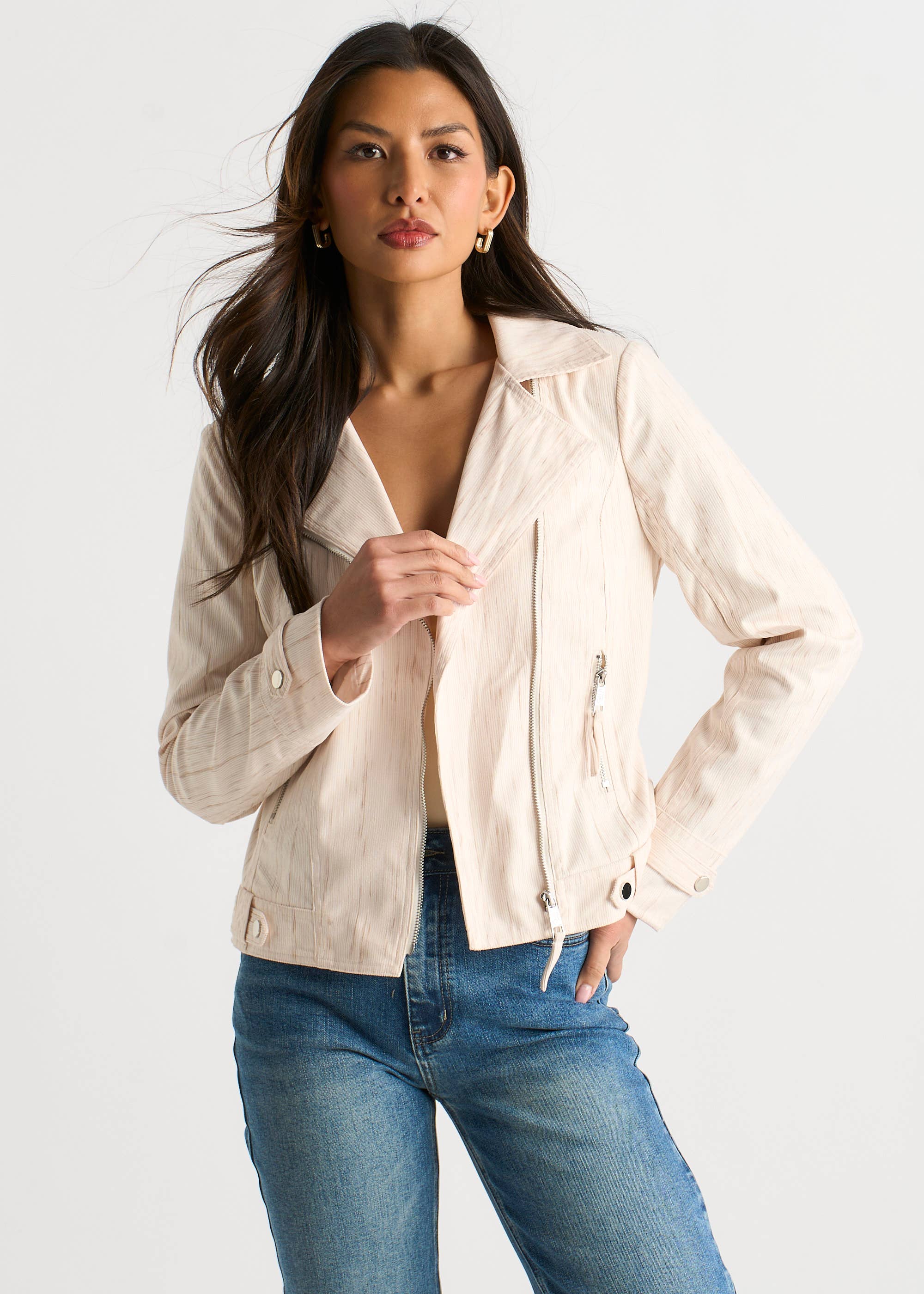 Beige Corduroy Asymmetrical Zip Moto Jacket