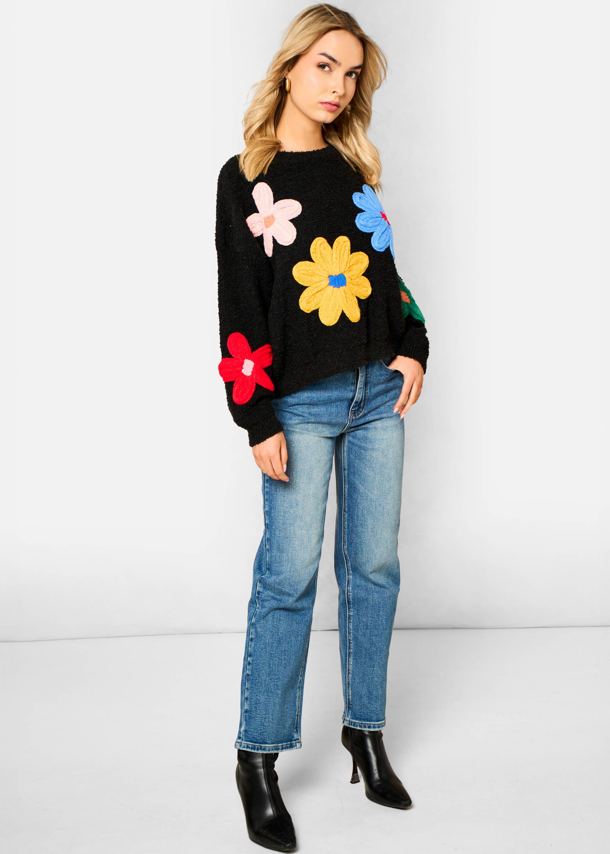 Black 3D Flower Crochet Knitted Jumper