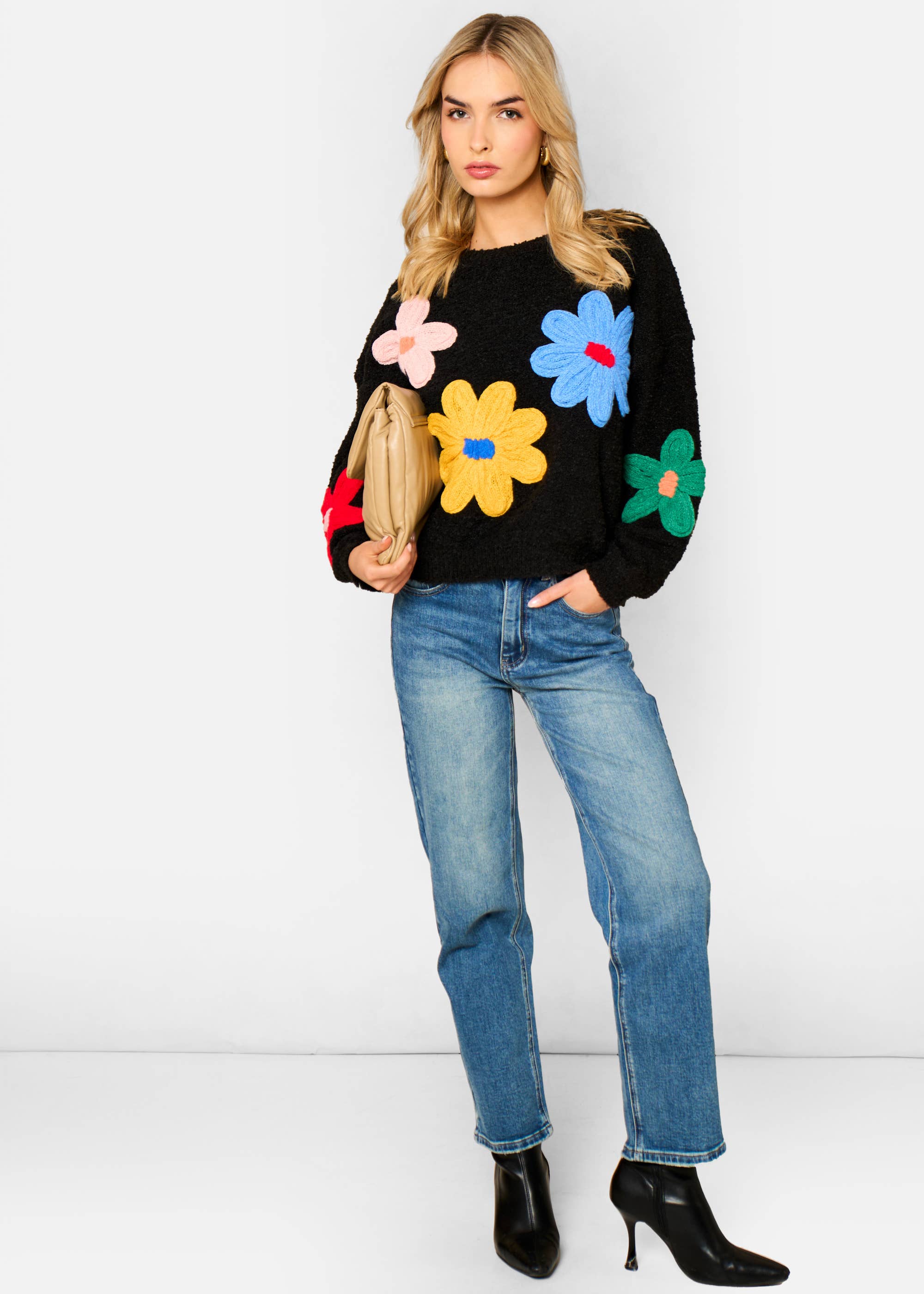 Black 3D Flower Crochet Knitted Jumper