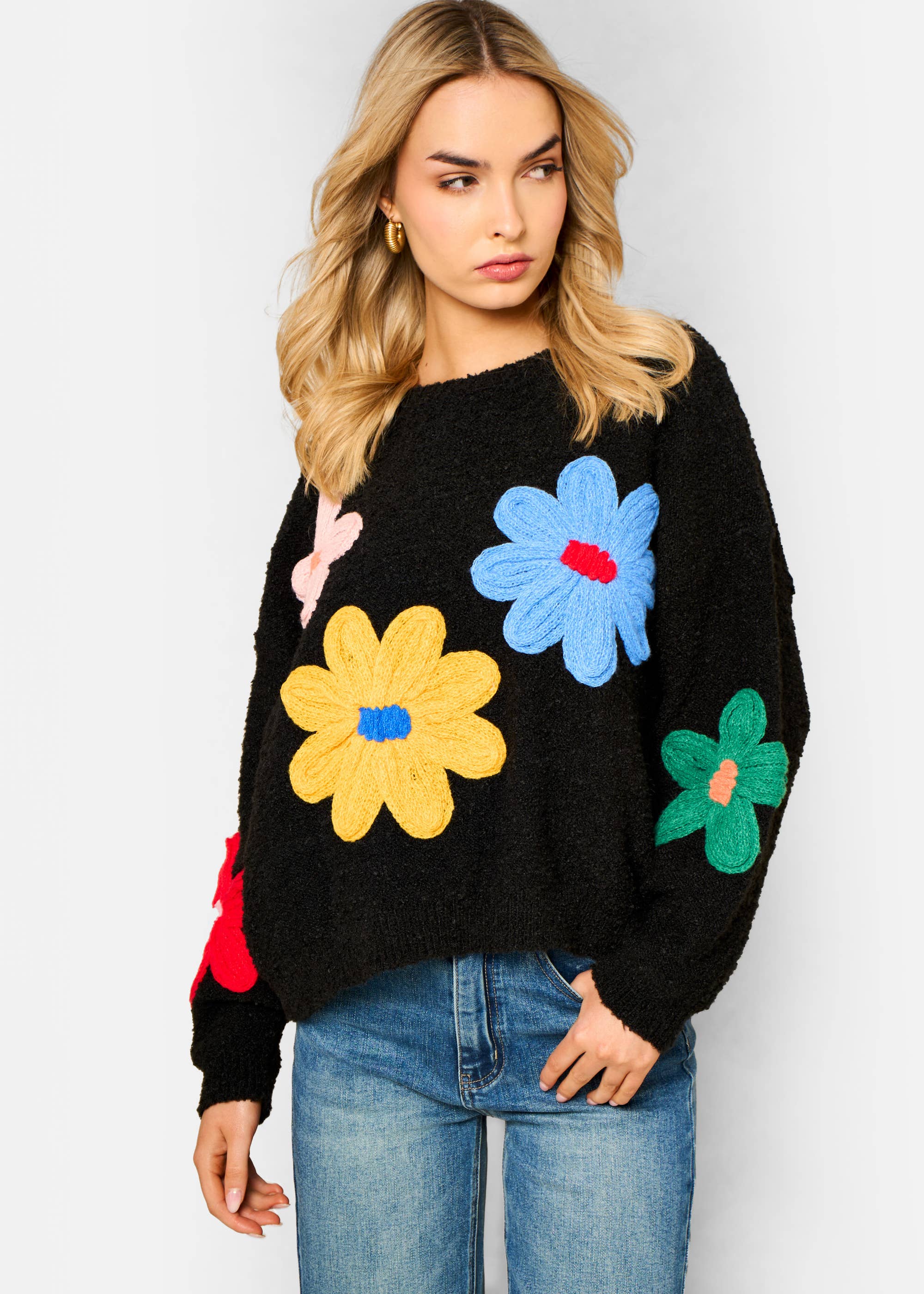 Black 3D Flower Crochet Knitted Jumper