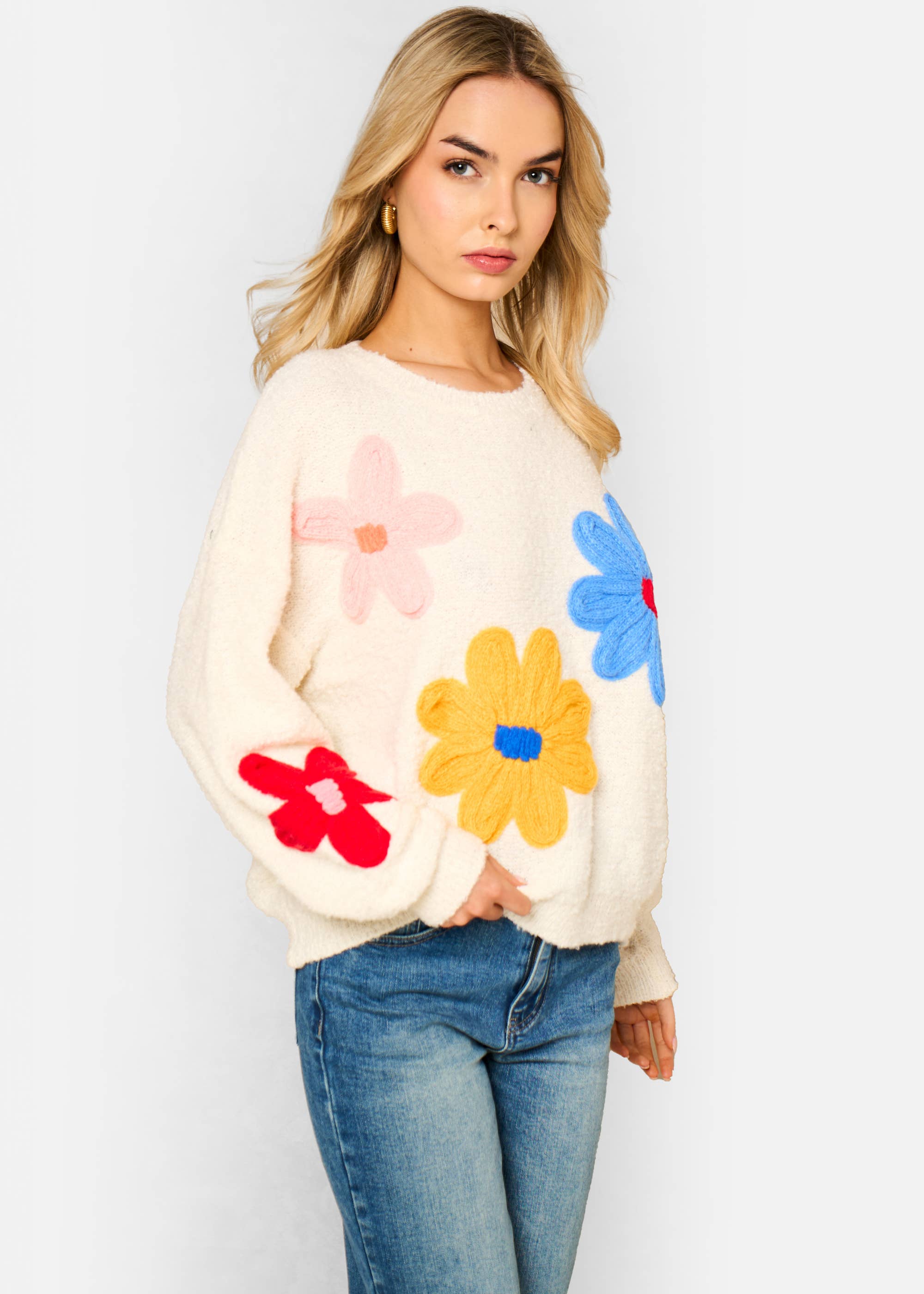 Cream 3D Flower Crochet Knitted Jumper