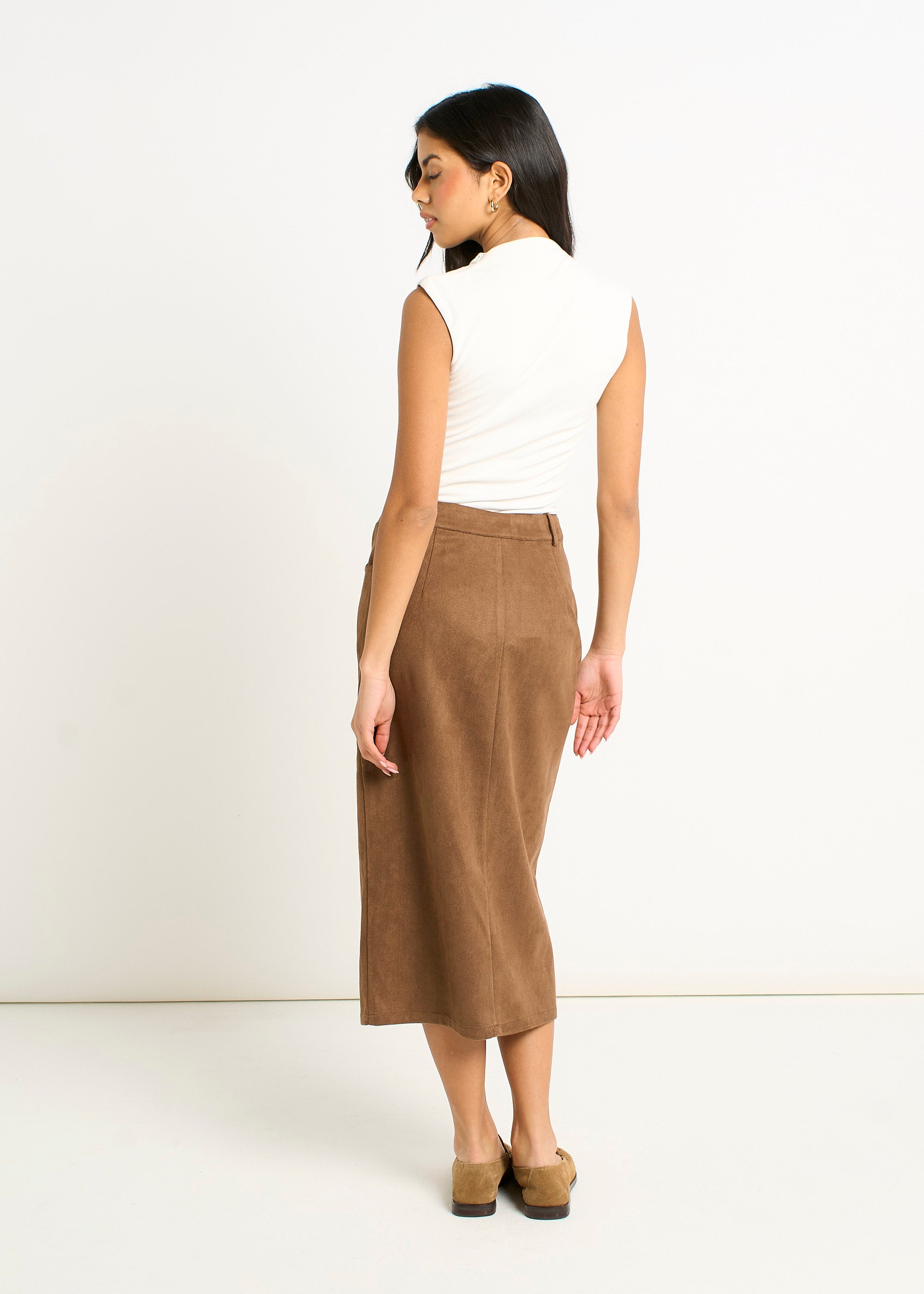 Brown Faux Suede Pencil Skirt