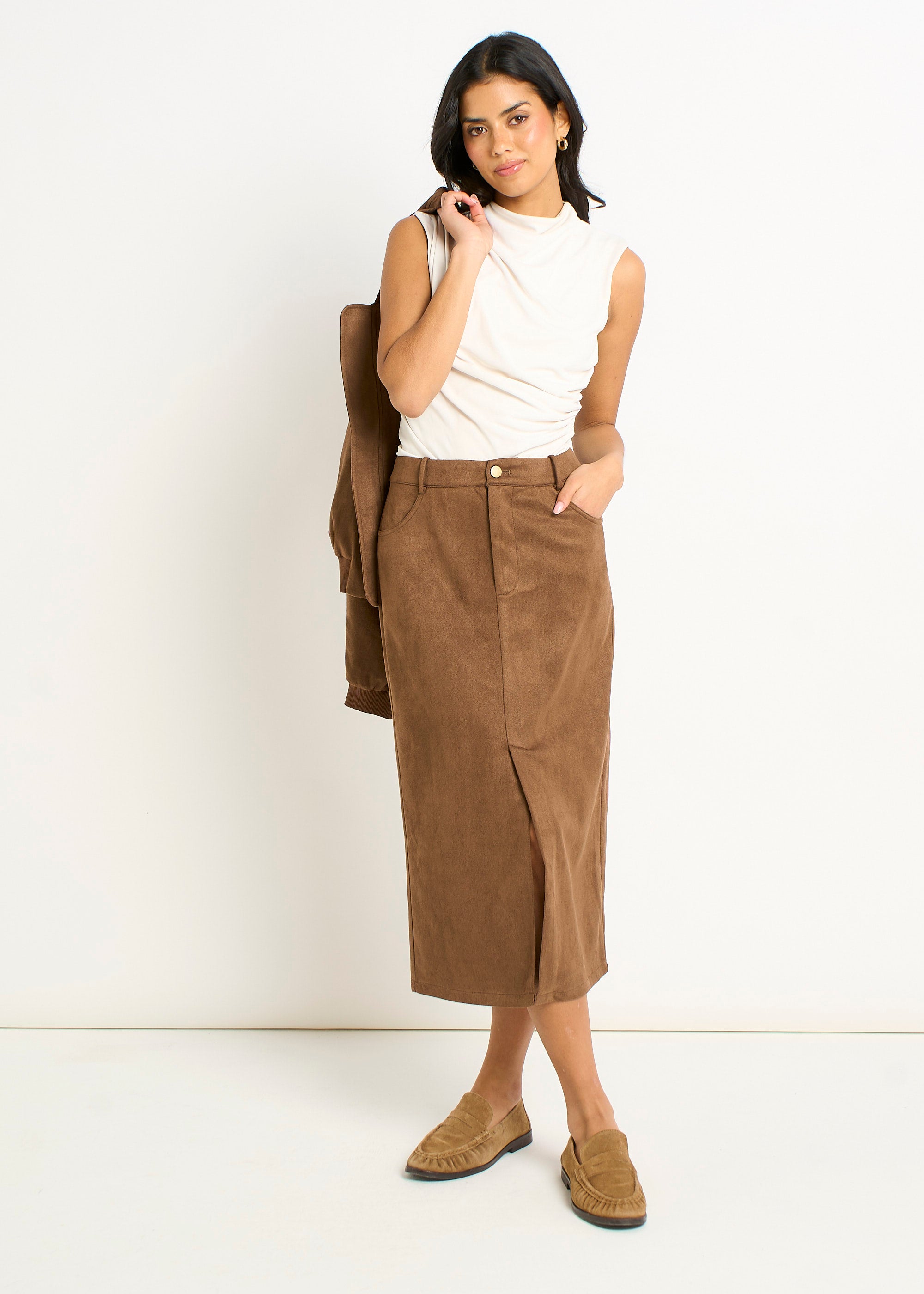 Brown Faux Suede Pencil Skirt