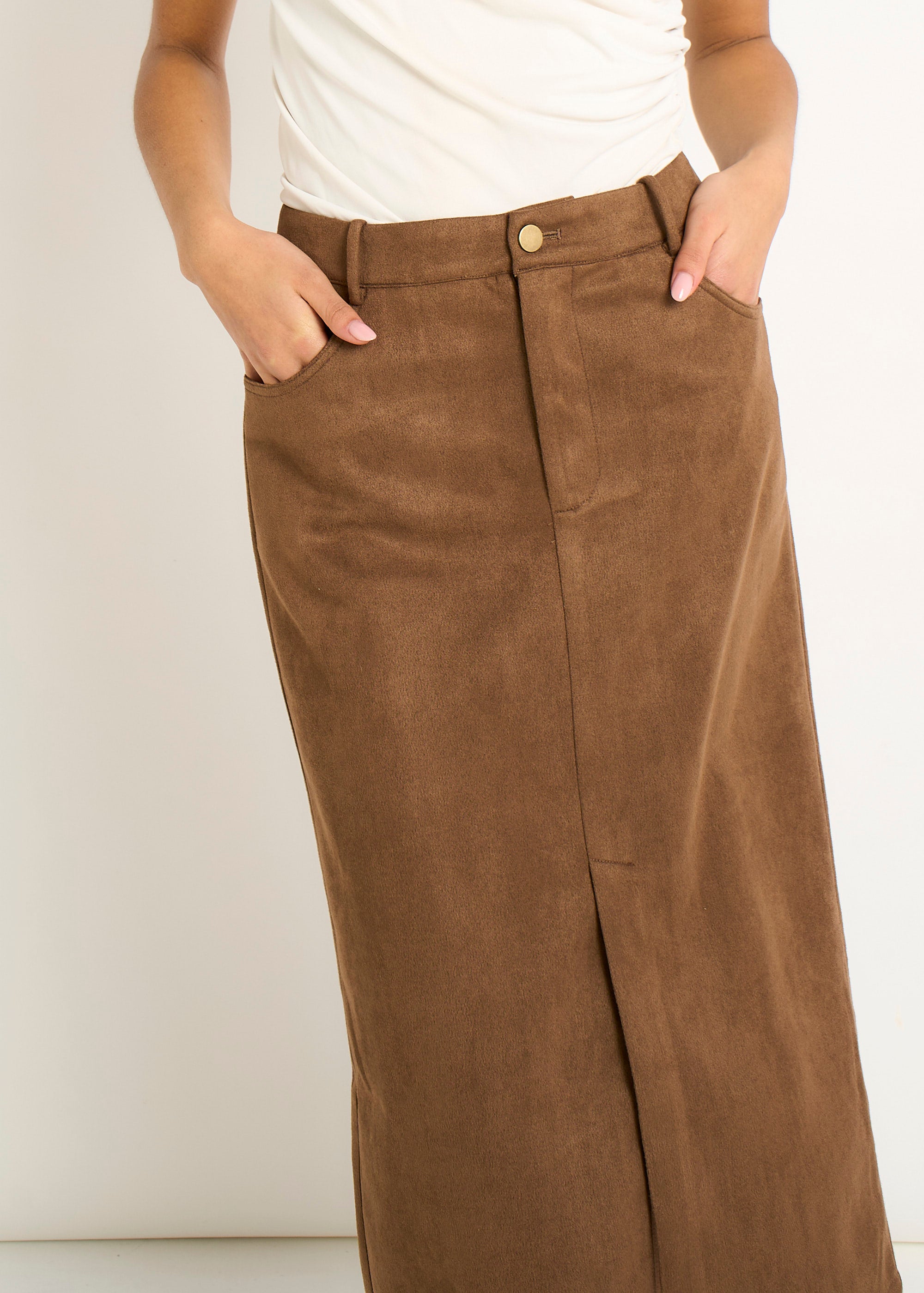 Brown Faux Suede Pencil Skirt