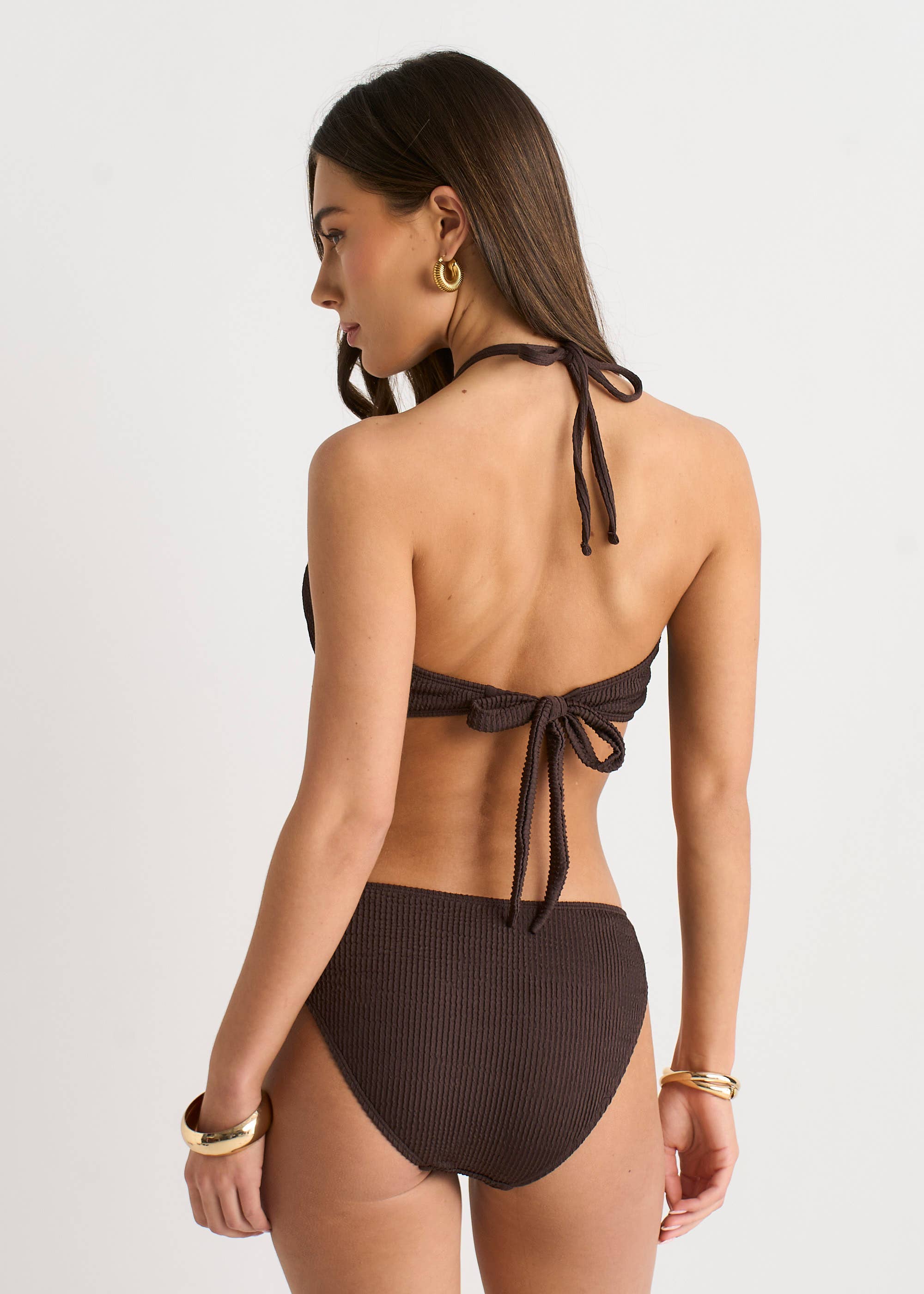 Chocolate Textured V Bar Halter Neck Bikini Top