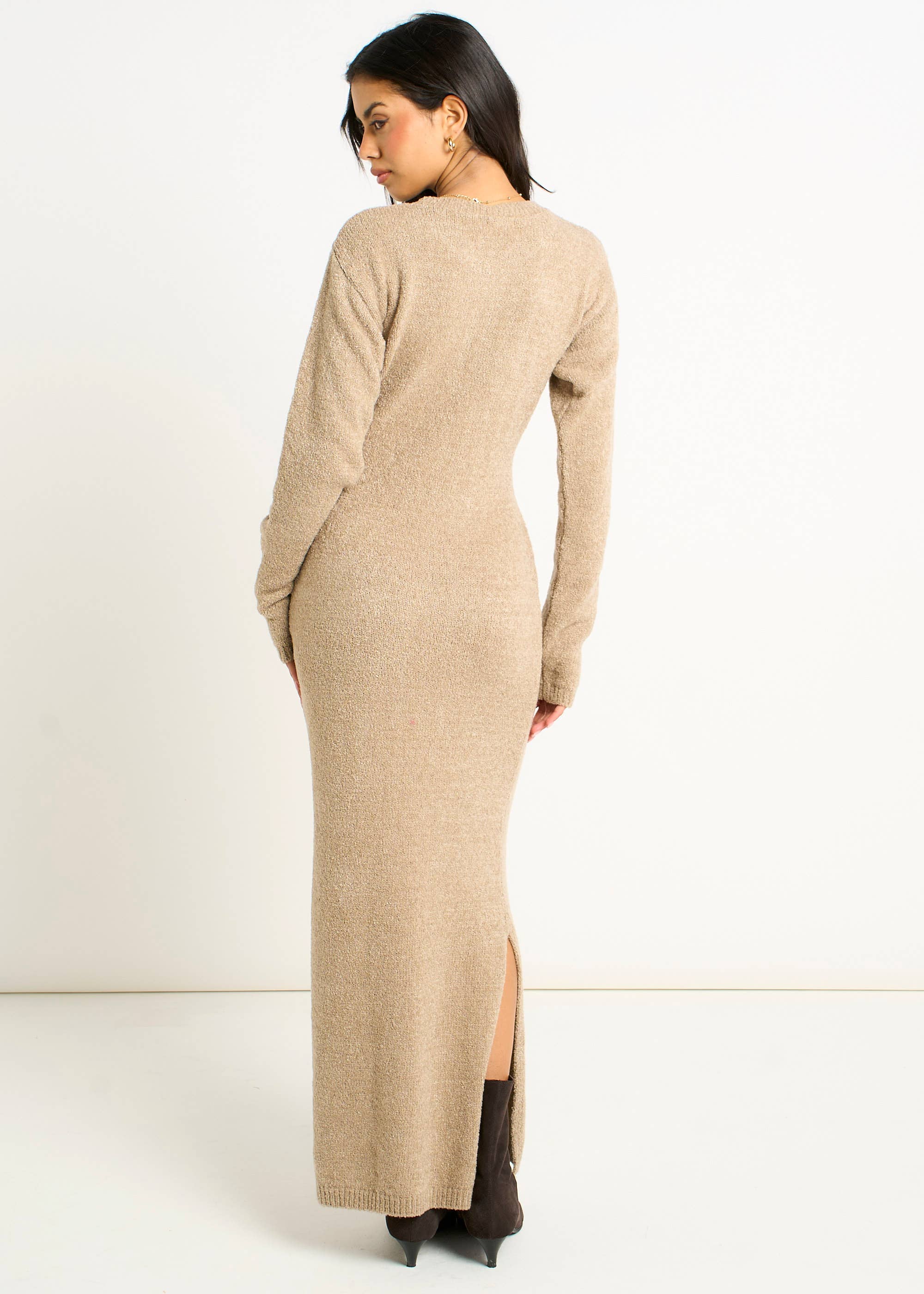 Oatmeal Jersey Boucle Side Slit Maxi Dress