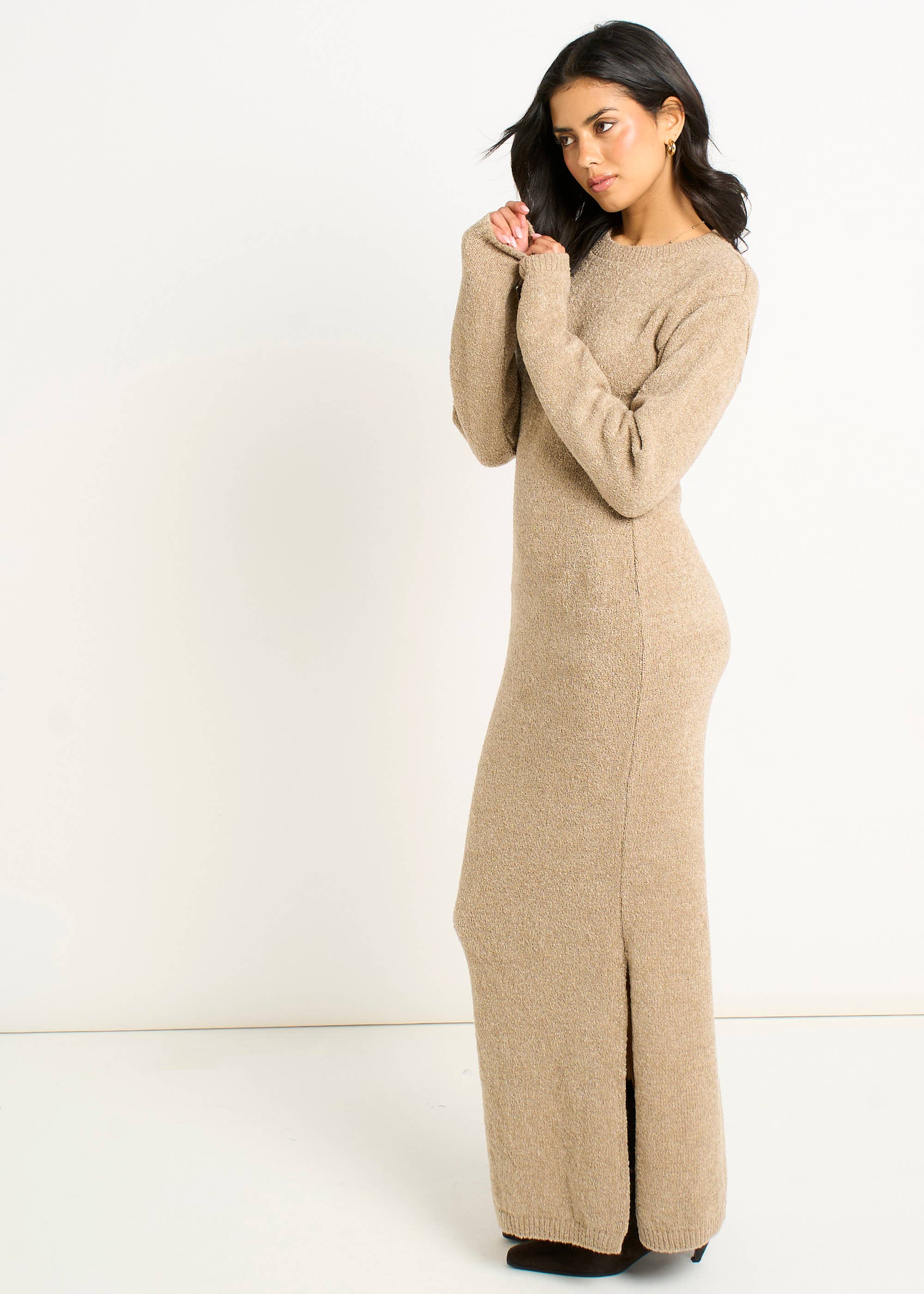 Oatmeal Jersey Boucle Side Slit Maxi Dress
