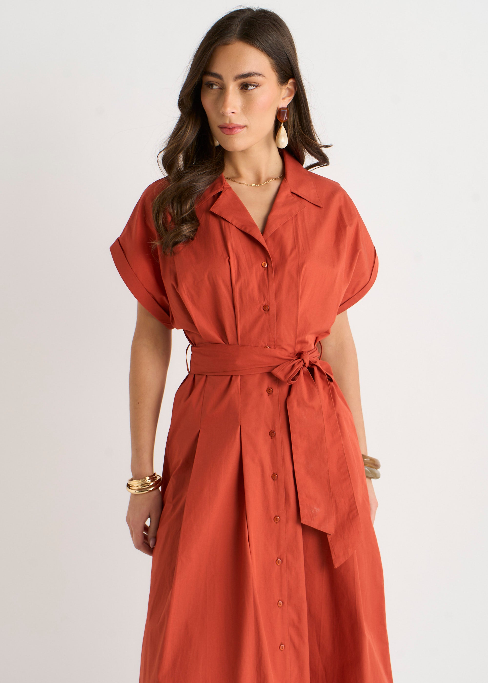 Rust Cotton Button Through Belted Shirt Dress