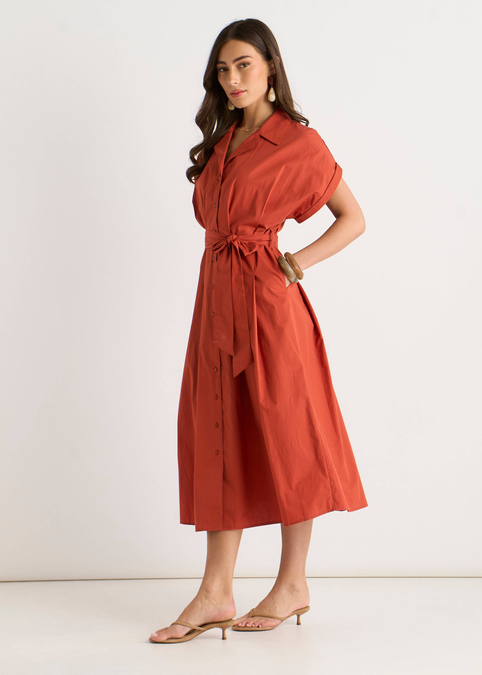 Rust Cotton Button Through Belted Shirt Dress