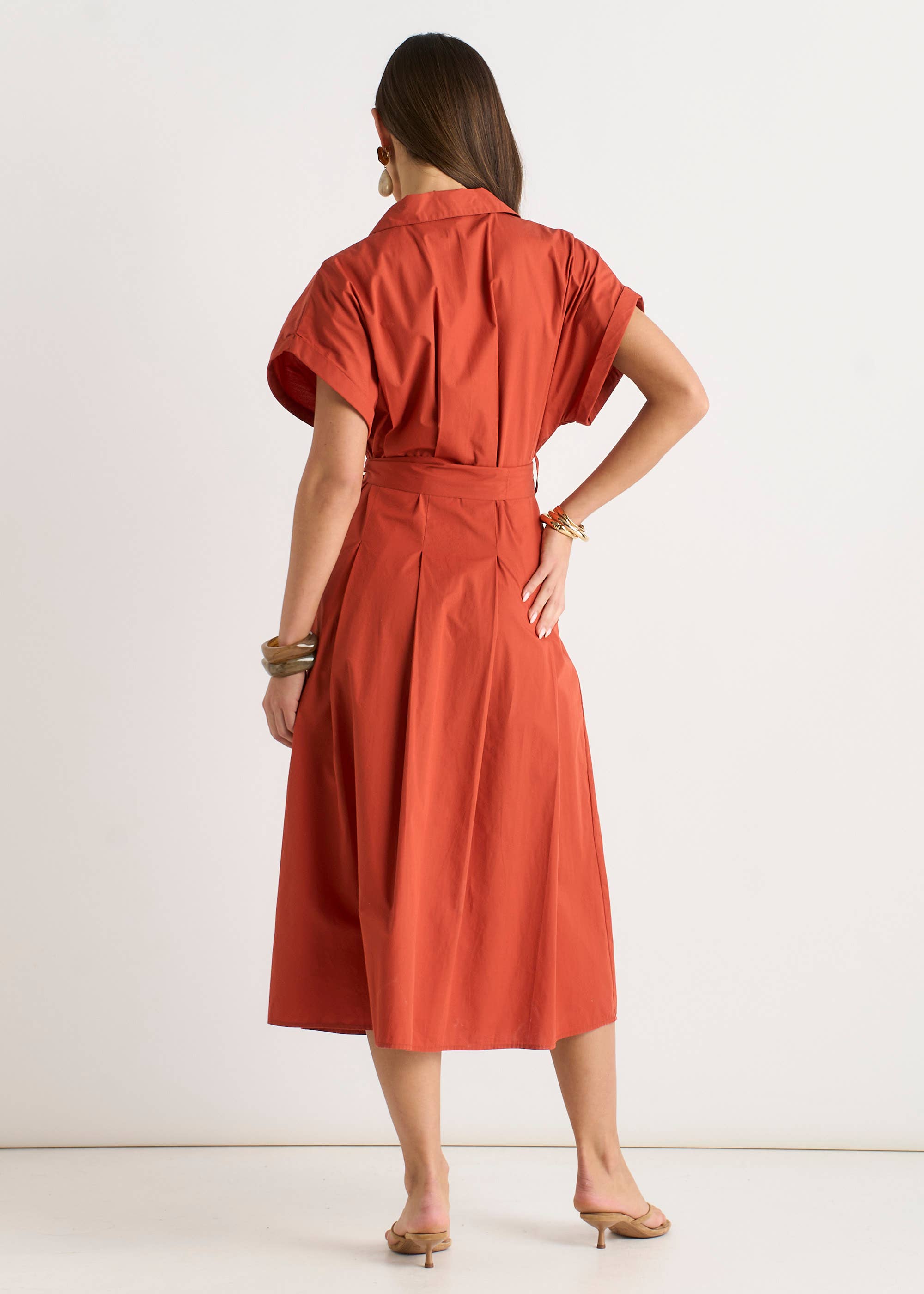 Rust Cotton Button Through Belted Shirt Dress