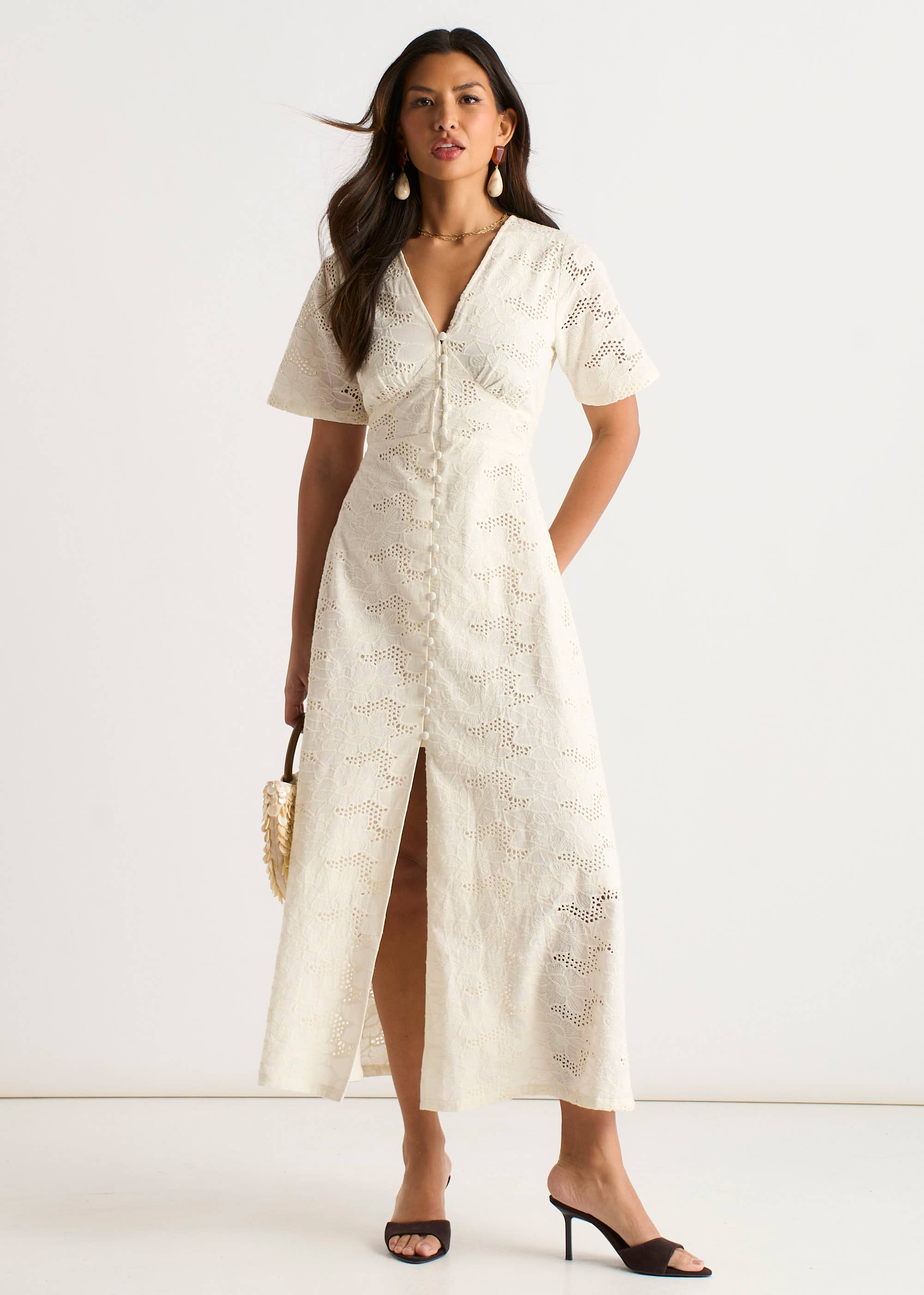 White Lace Button Through Midi Dress