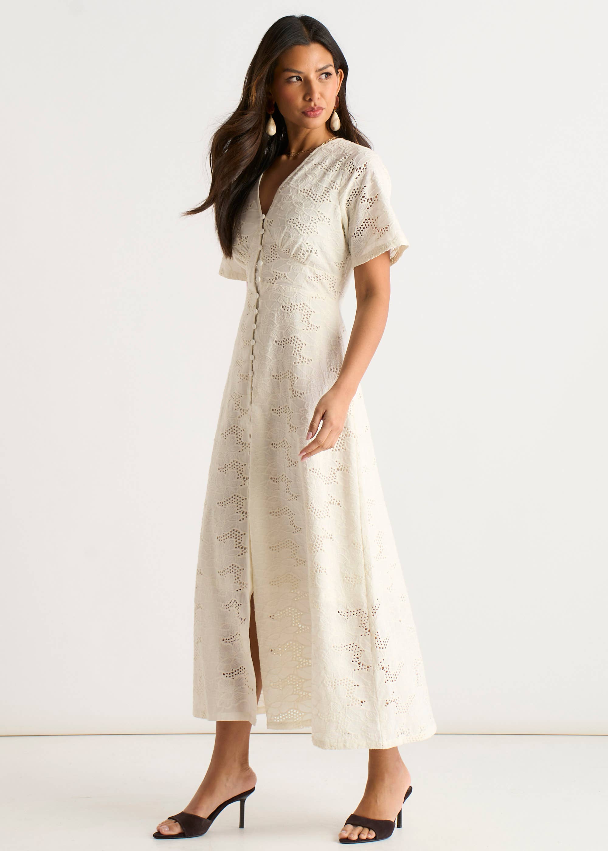 White Lace Button Through Midi Dress