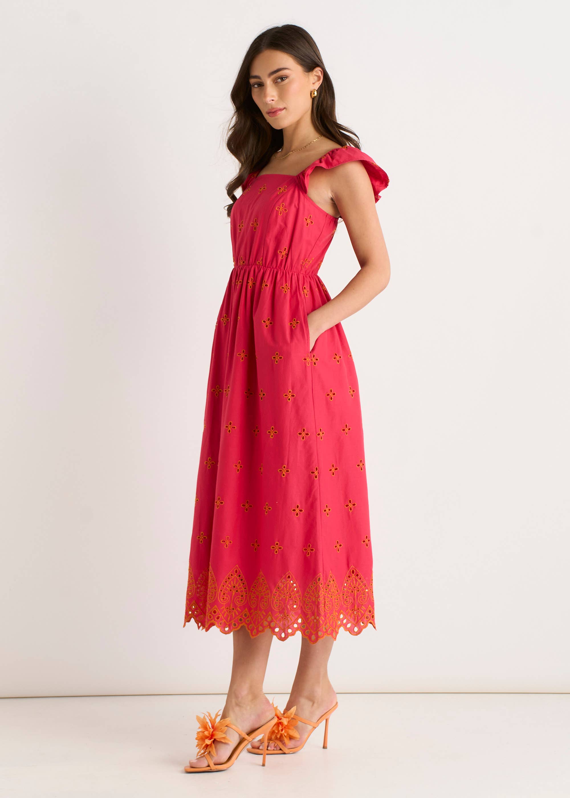 Pink Ruffle Sleeves Broderie Sun Dress