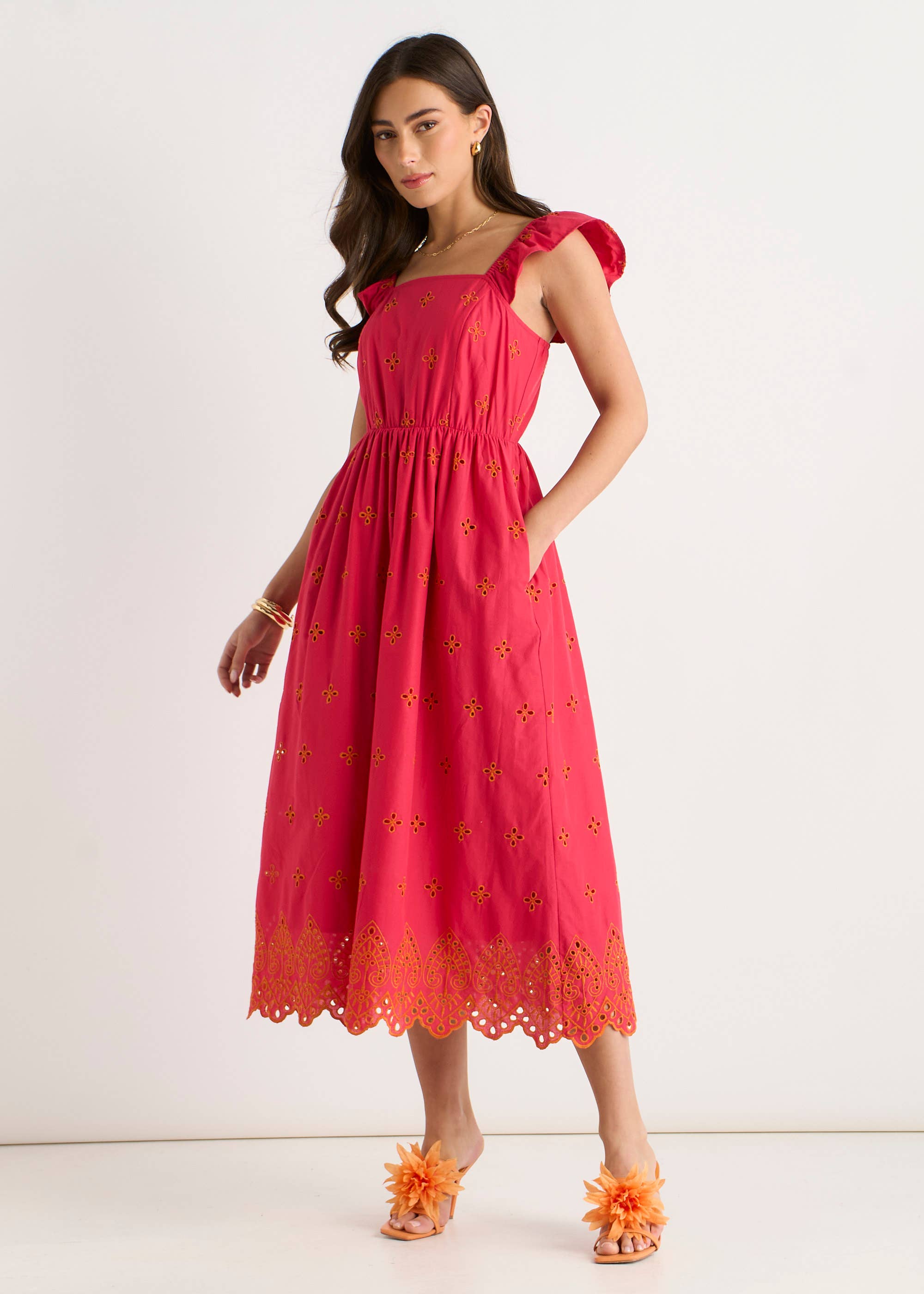 Pink Ruffle Sleeves Broderie Sun Dress