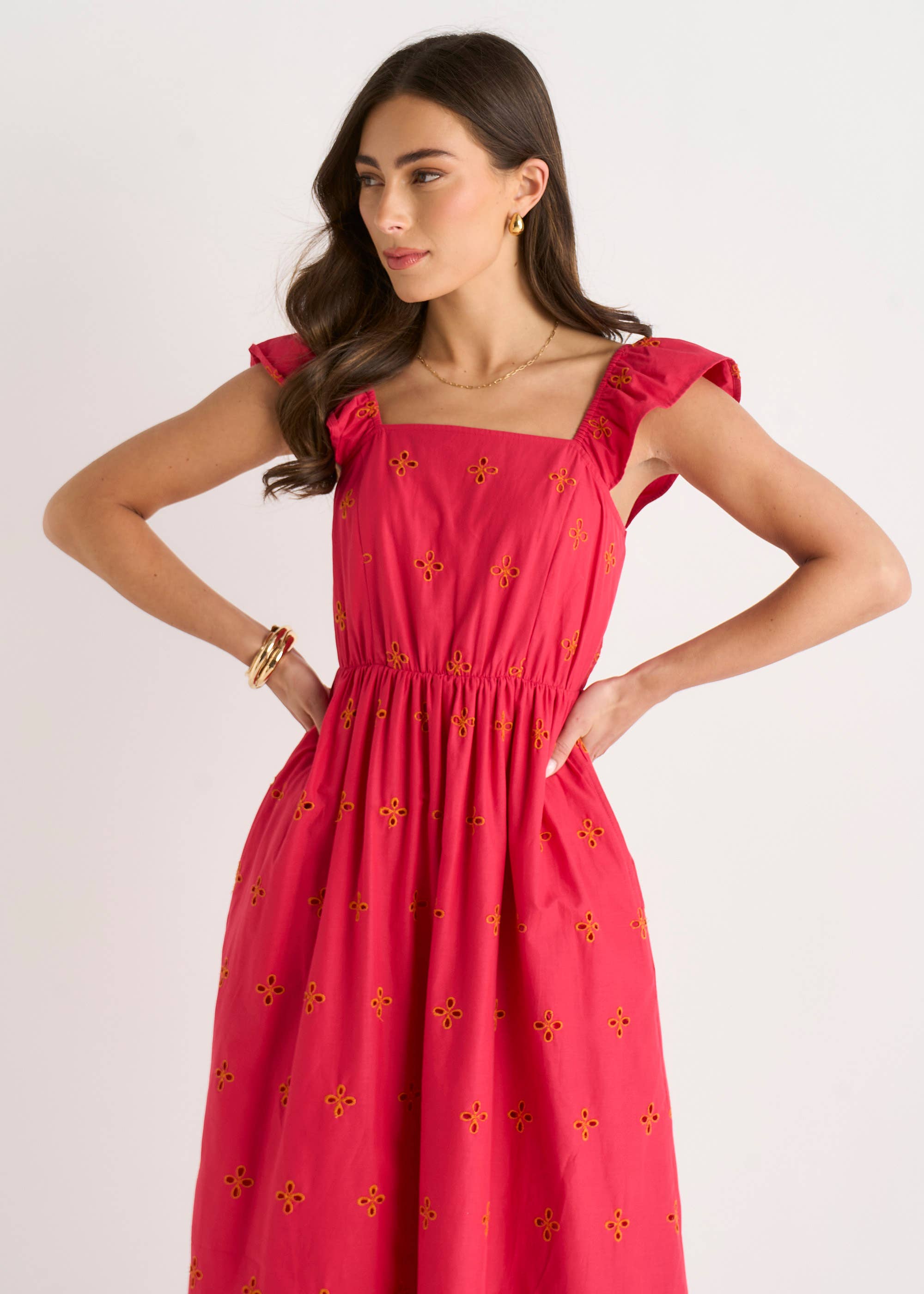 Pink Ruffle Sleeves Broderie Sun Dress