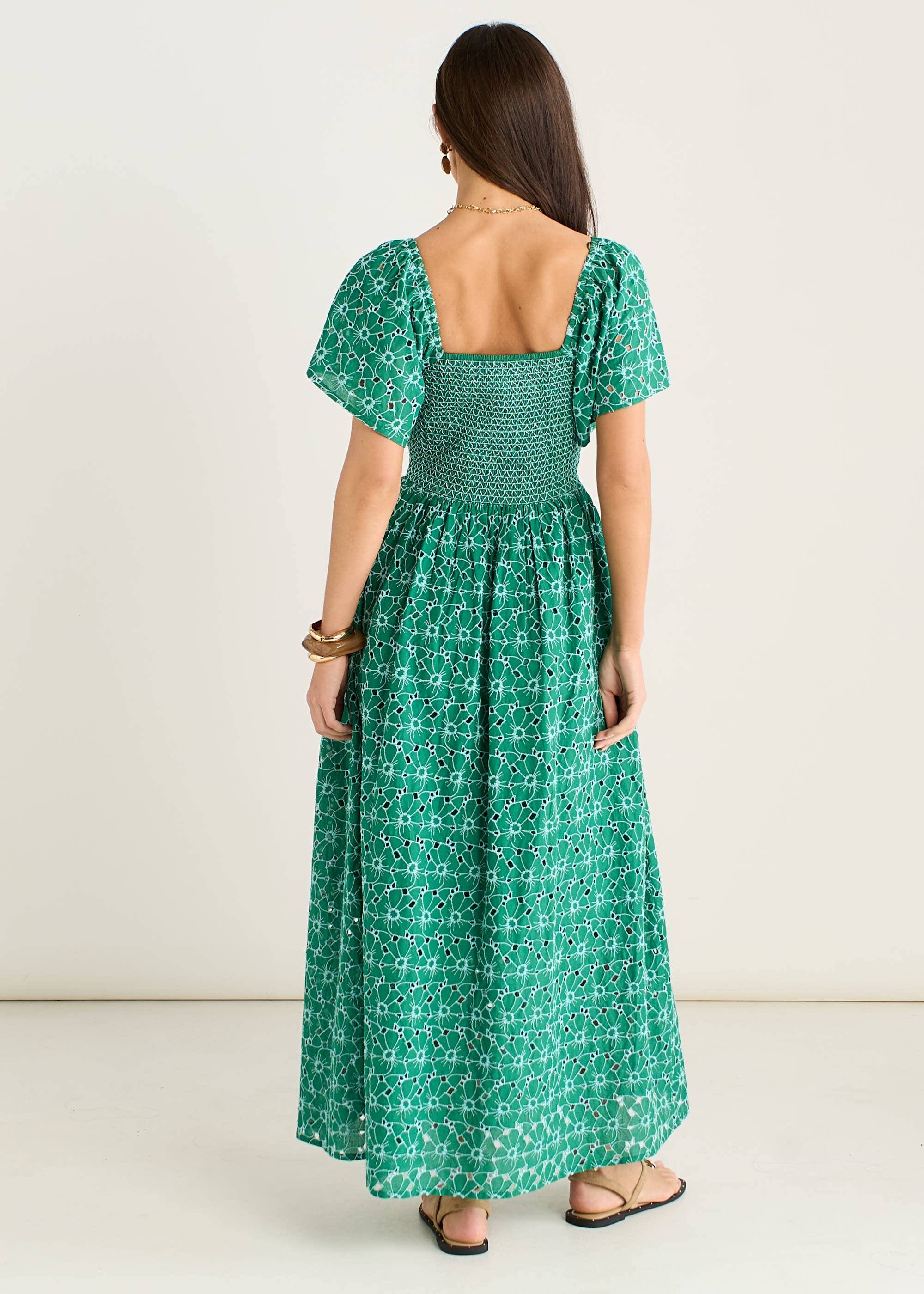 Green Floral Broderie Shirred Midi Dress