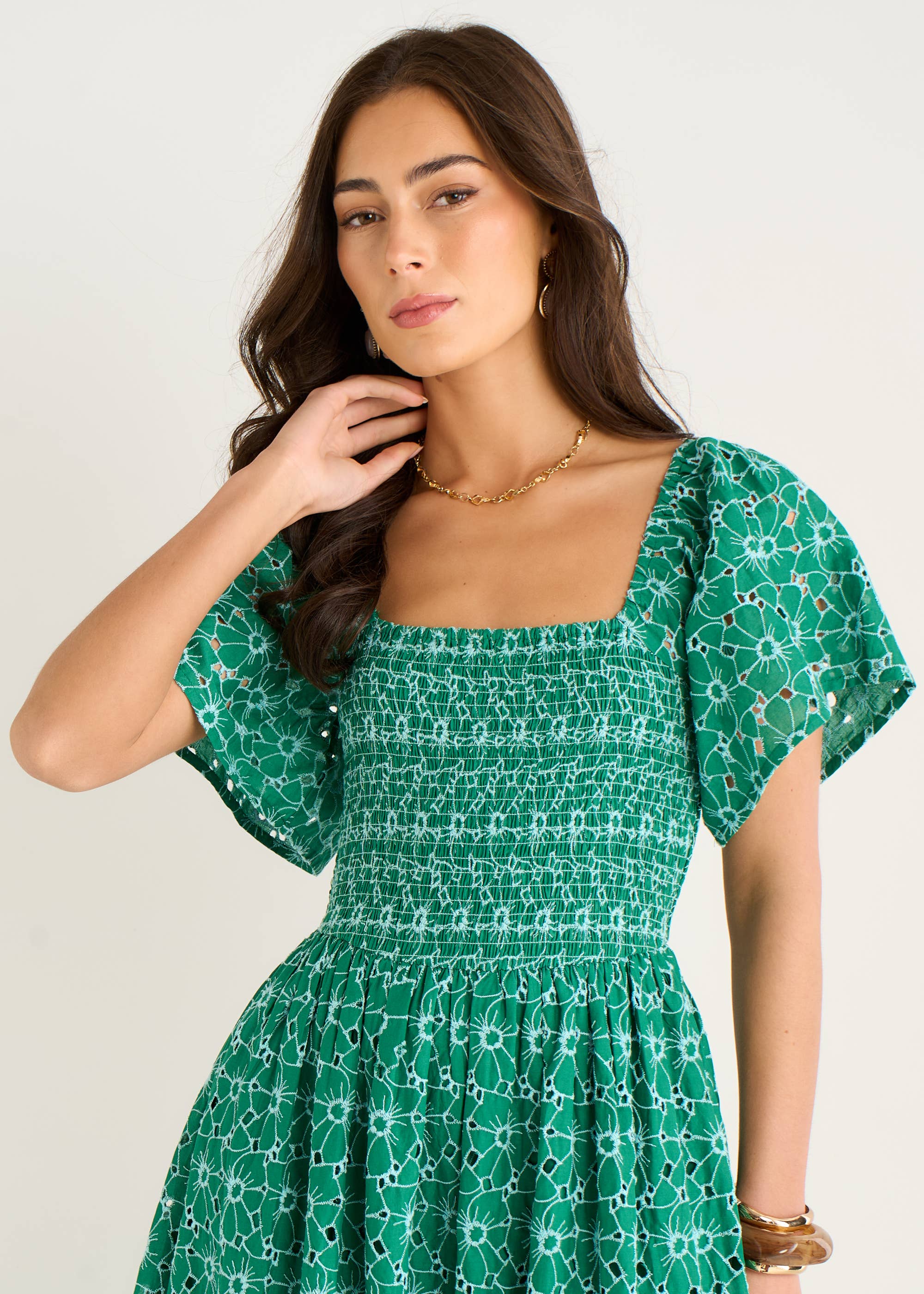 Green Floral Broderie Shirred Midi Dress Gini London Green Floral Broderie Shirred Midi Dress Gini London