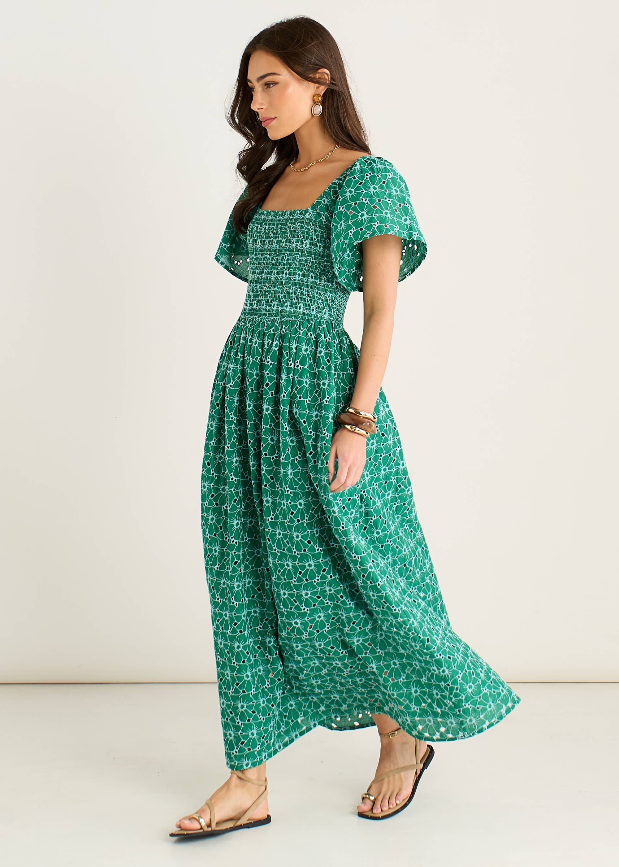 Green Floral Broderie Shirred Midi Dress
