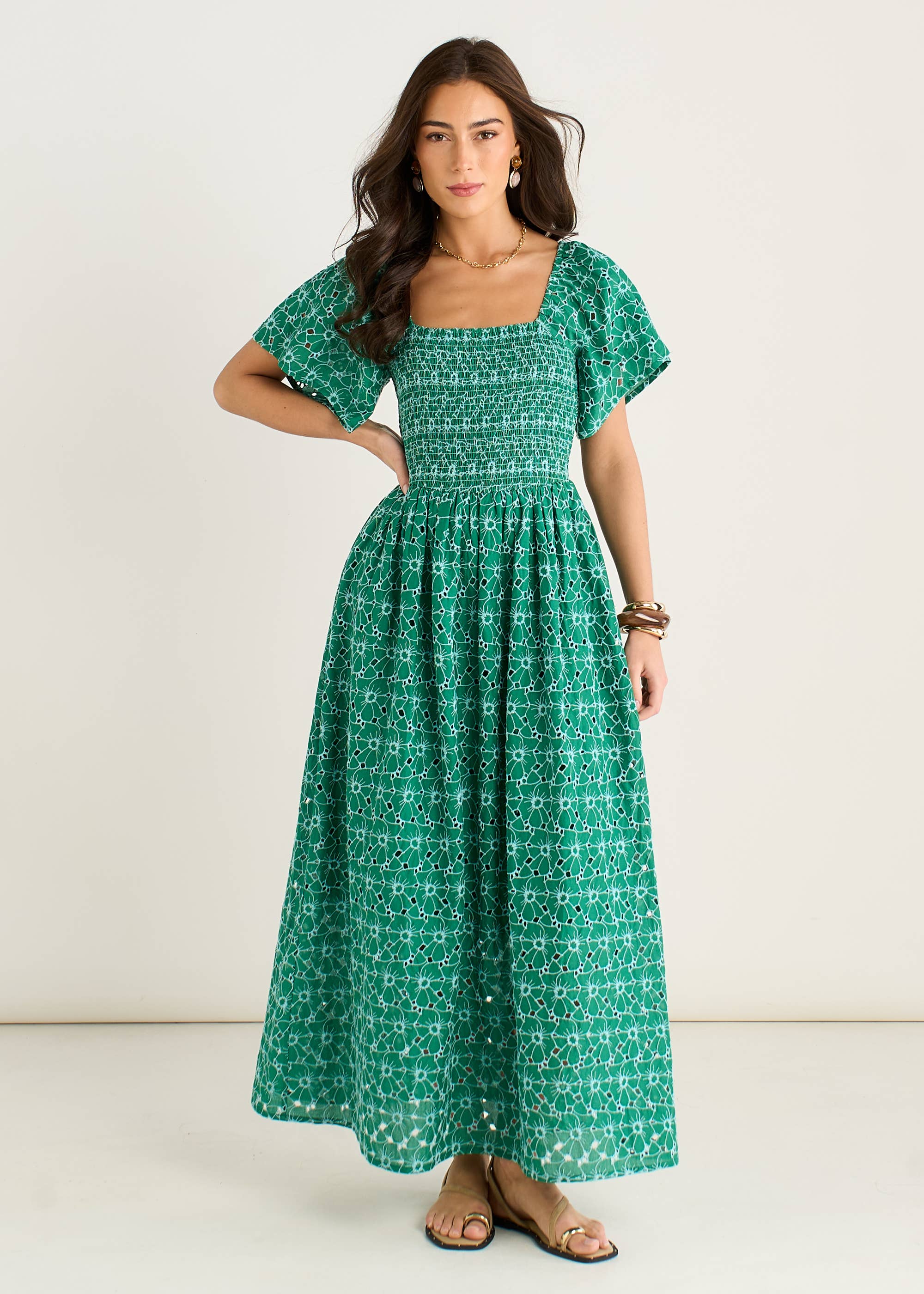 Green Floral Broderie Shirred Midi Dress – Gini London