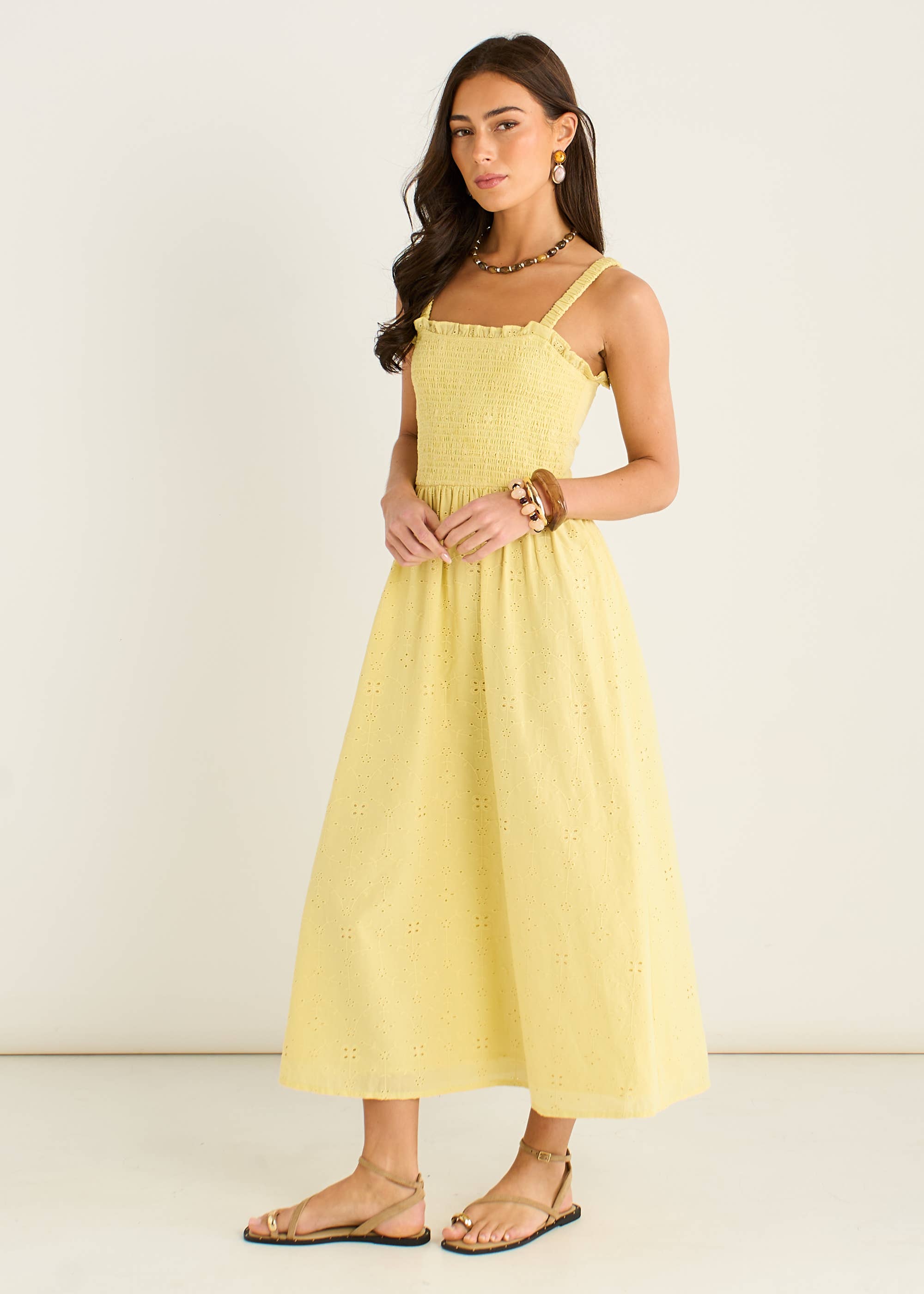 Yellow Embroidered Shirred Bodice Sun Dress
