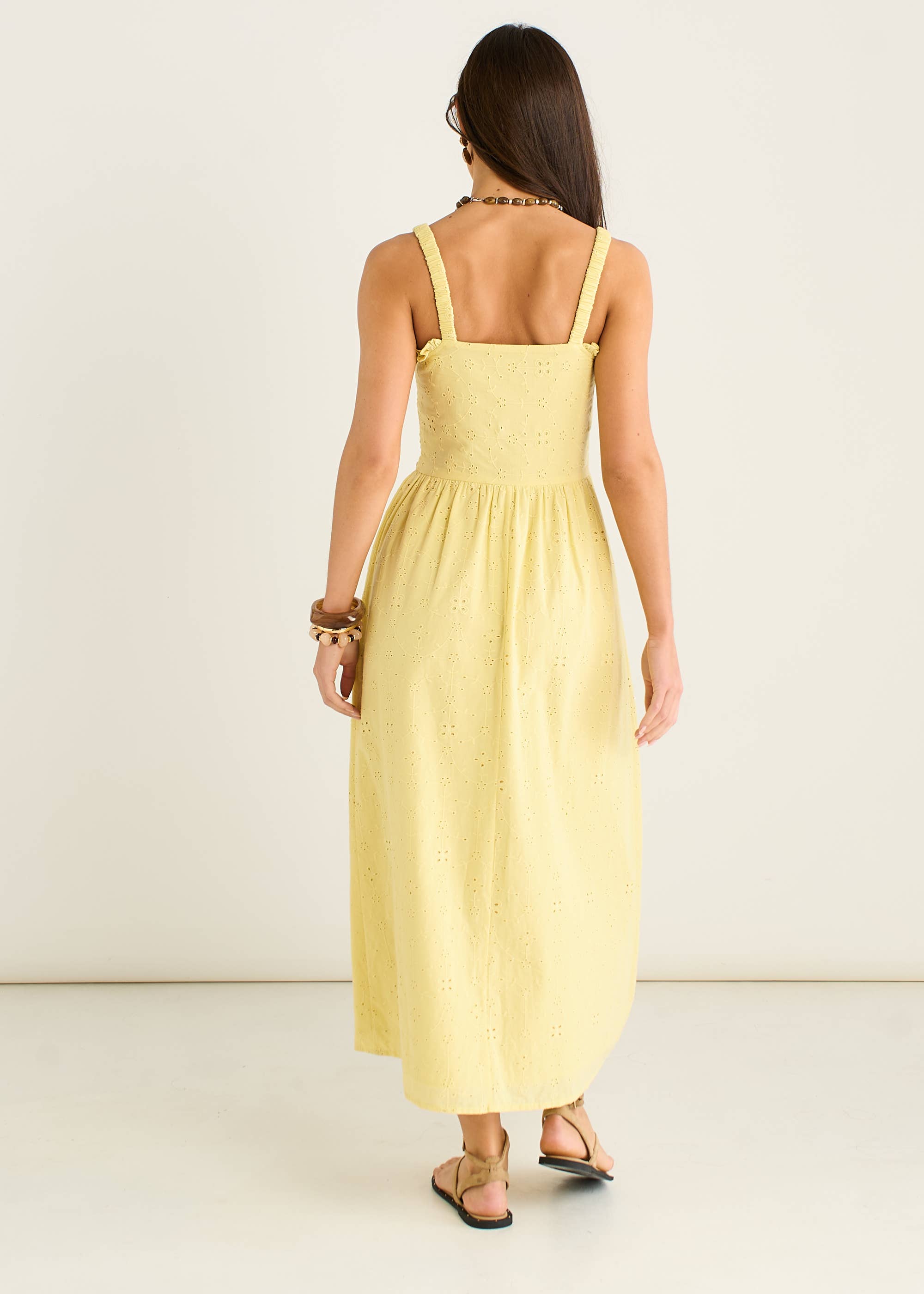 Yellow Embroidered Shirred Bodice Sun Dress