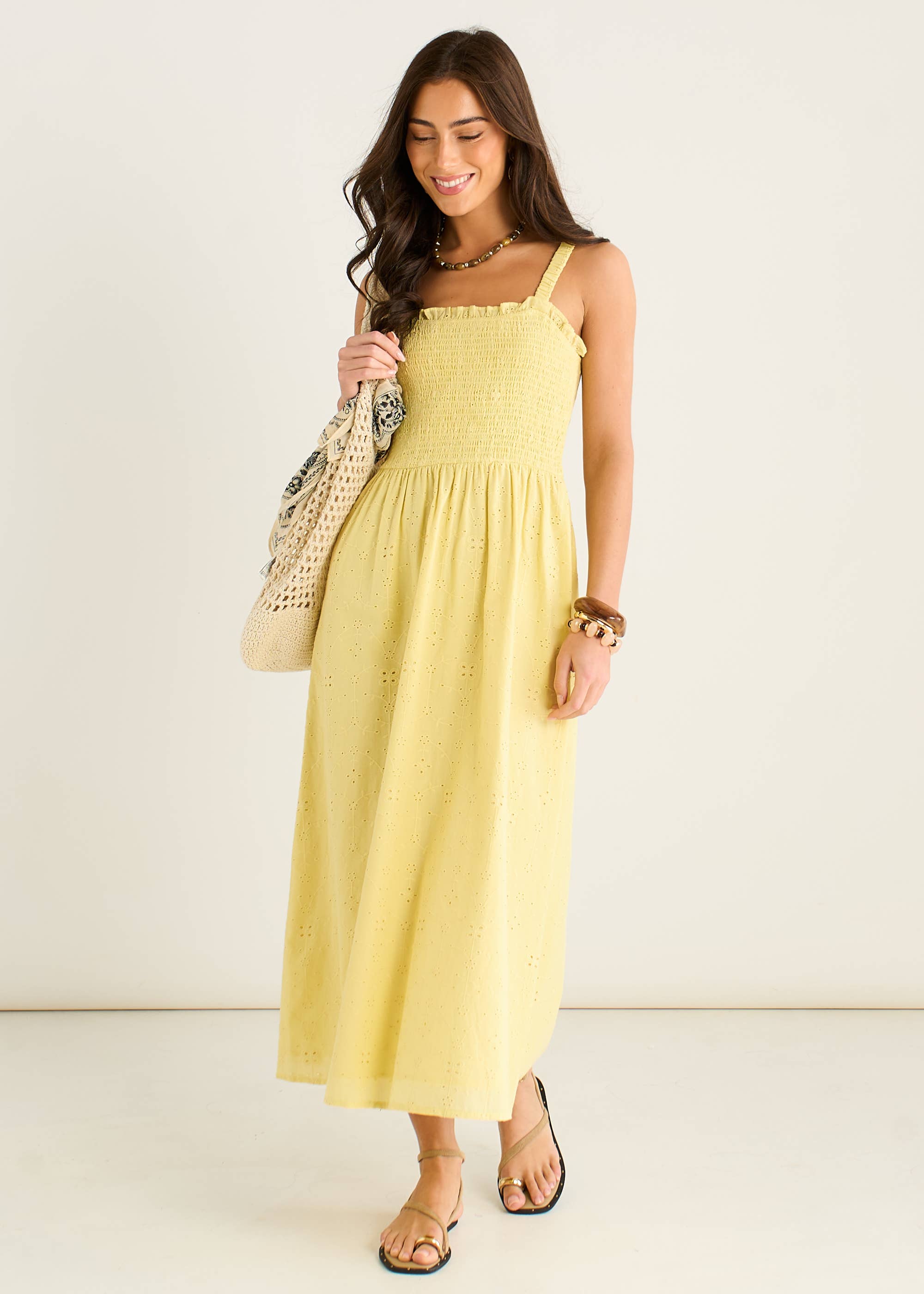 Yellow Embroidered Shirred Bodice Sun Dress