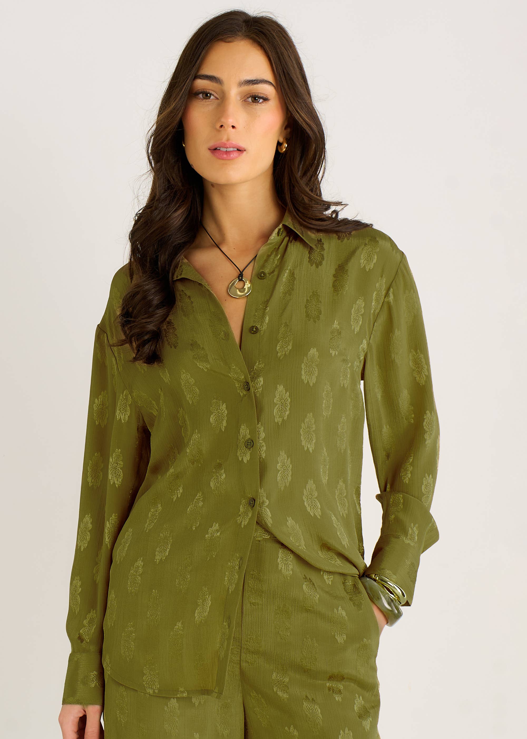 Khaki Floral Satin Jacquard Shirt