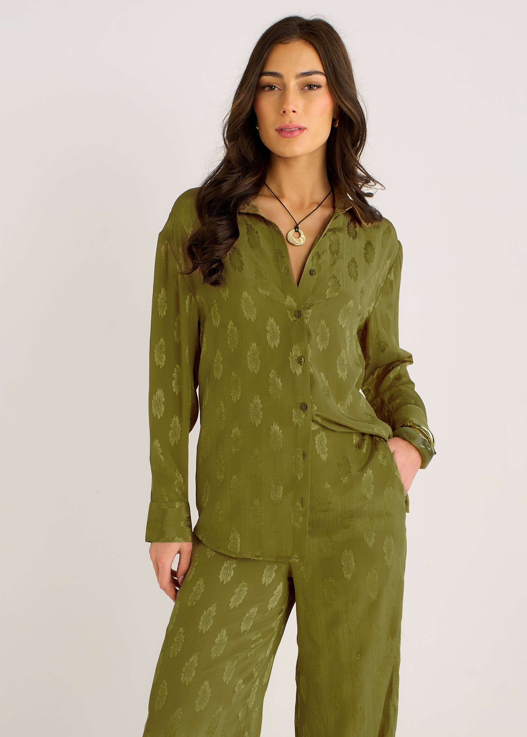 Khaki Floral Satin Jacquard Shirt