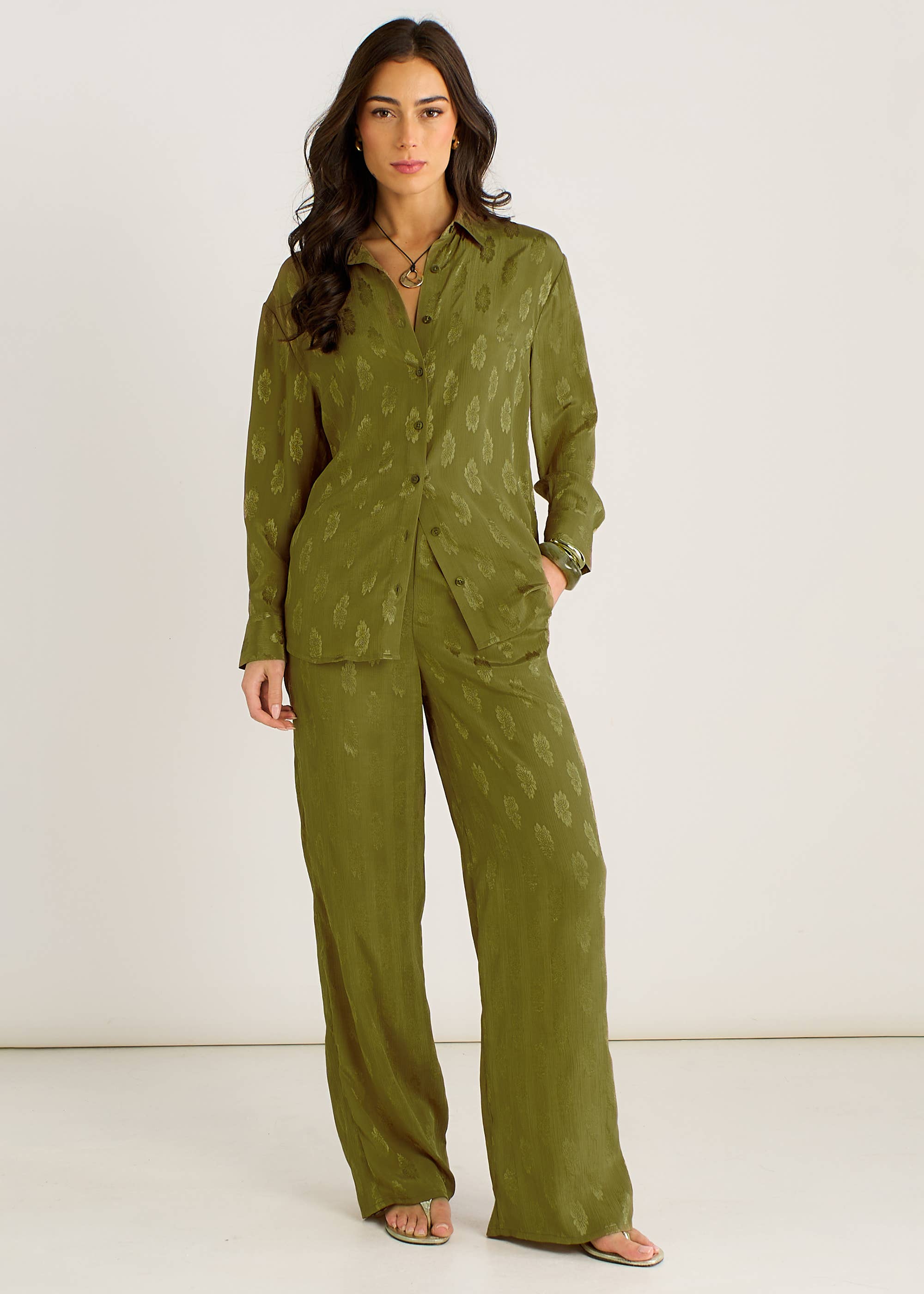 Khaki Floral Satin Jacquard Trousers