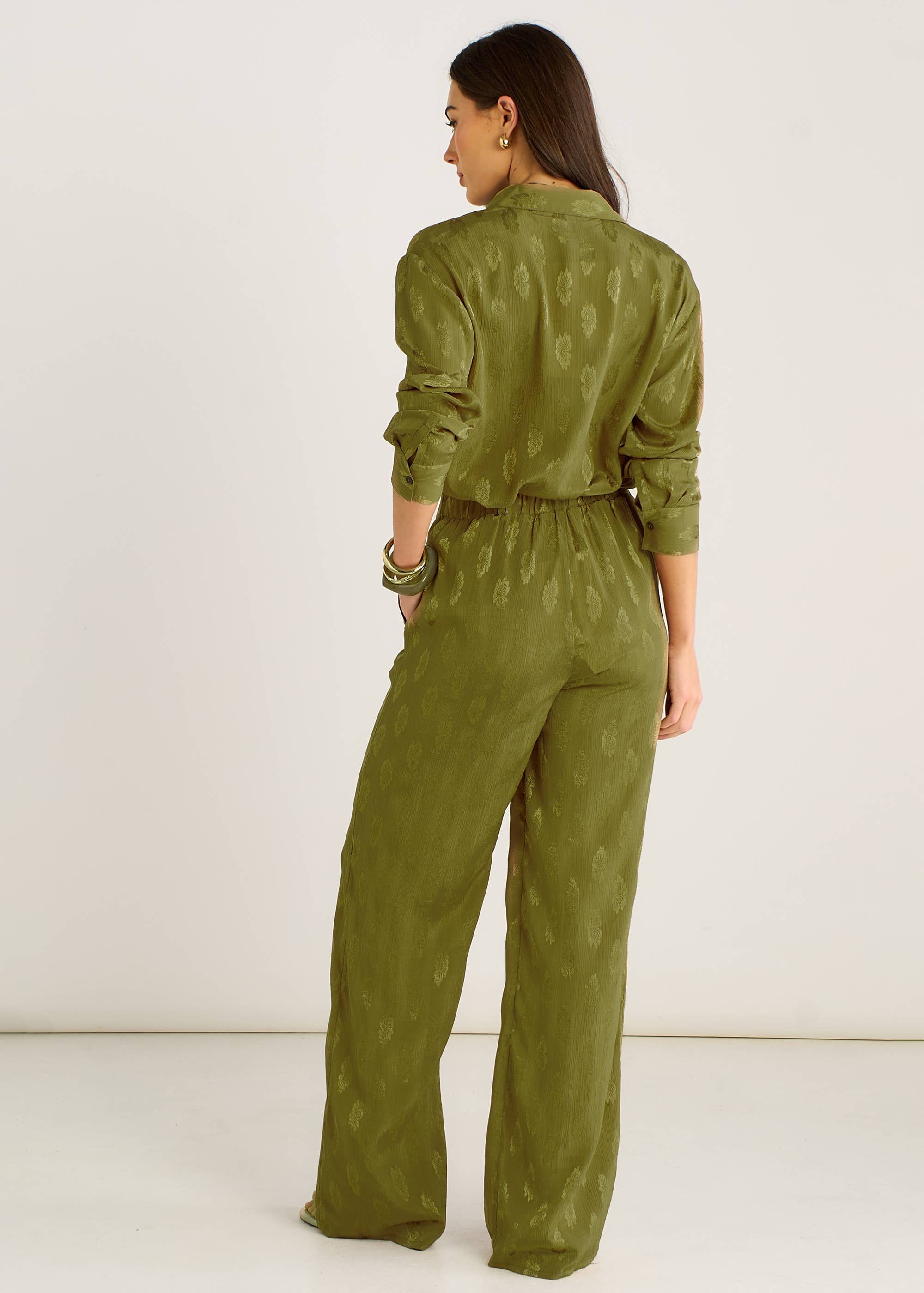 Khaki Floral Satin Jacquard Trousers