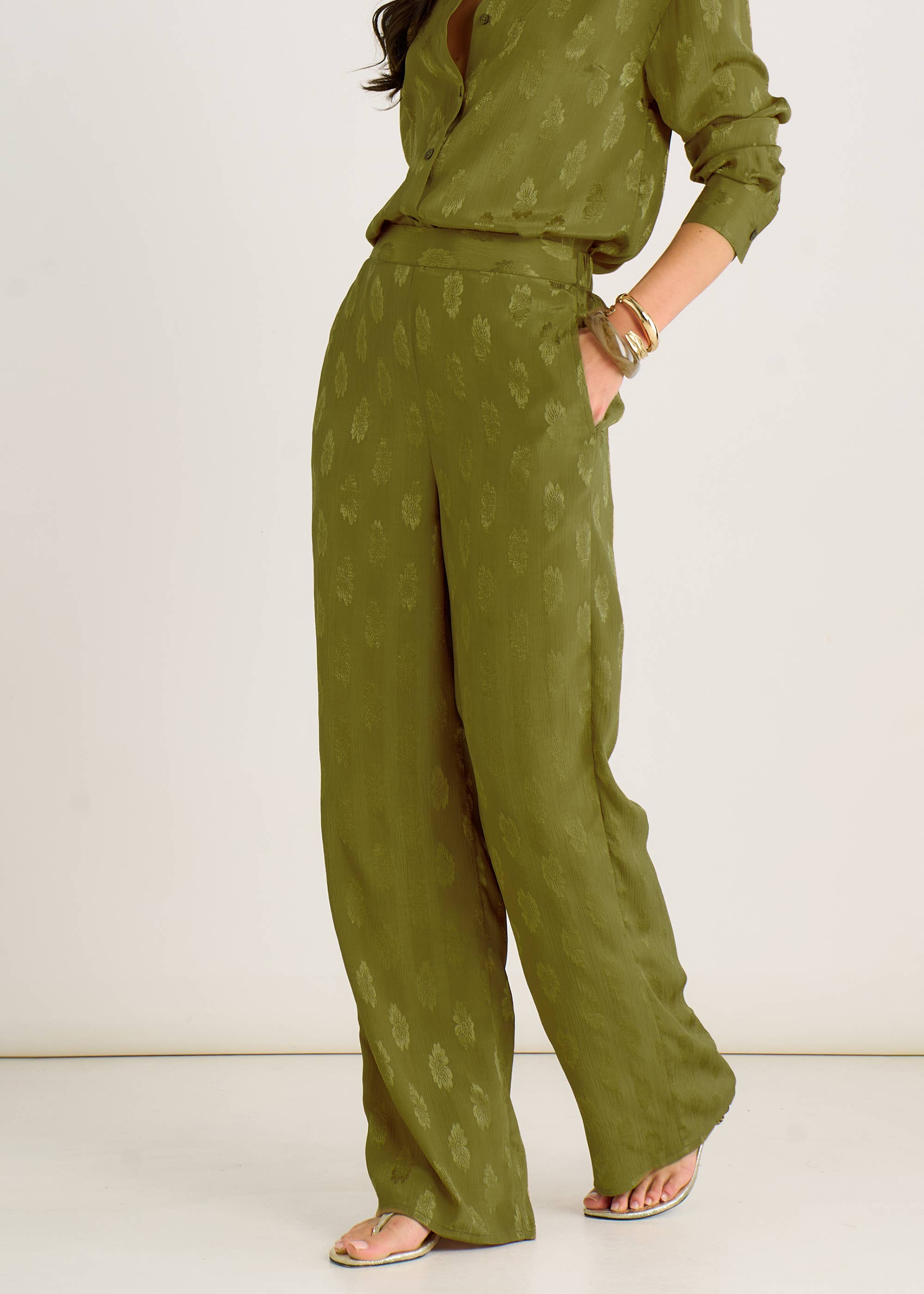 Khaki Floral Satin Jacquard Trousers