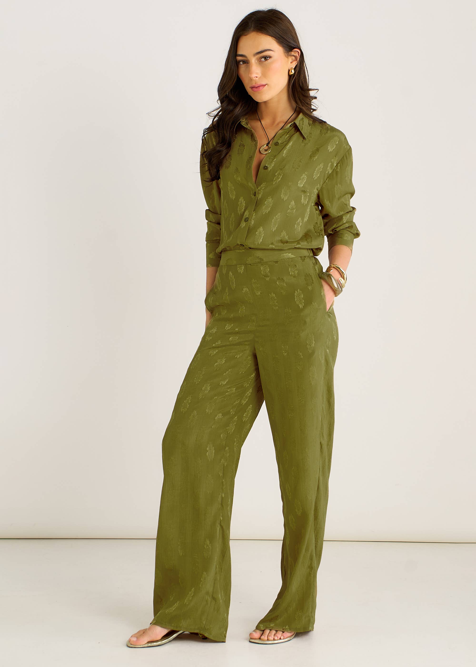 Khaki Floral Satin Jacquard Trousers