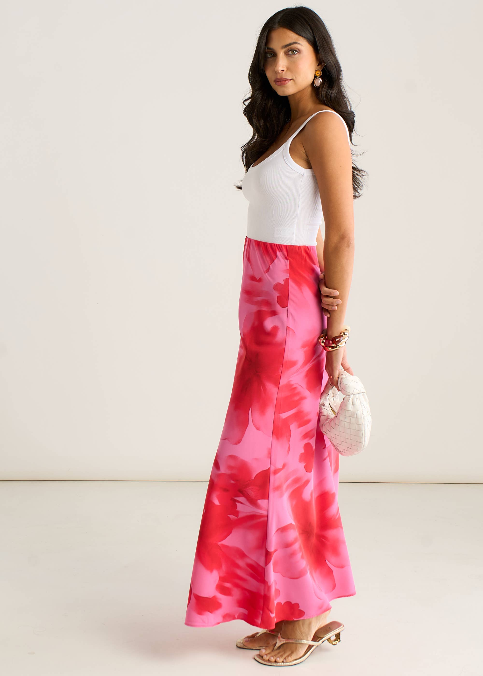 Pink Watercolour Floral Print A Line Maxi Skirt