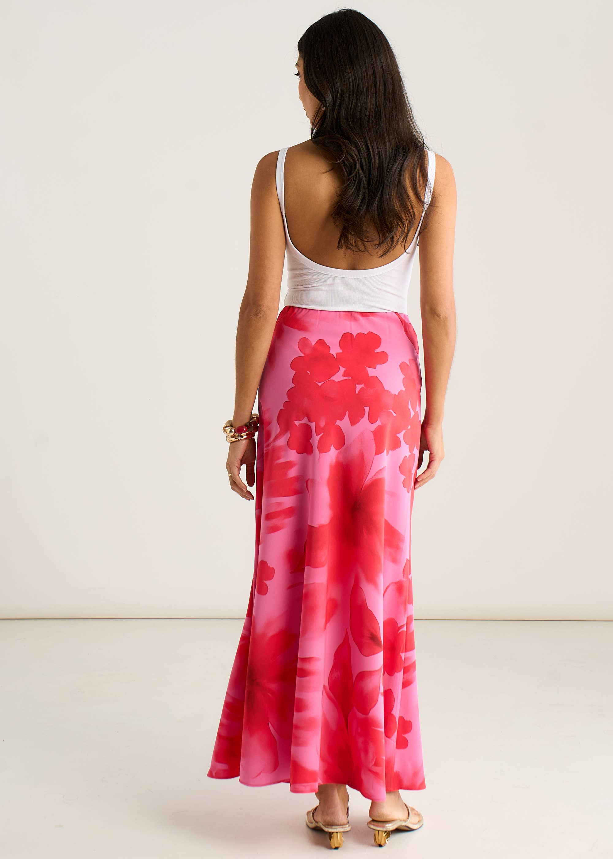 Pink Watercolour Floral Print A Line Maxi Skirt